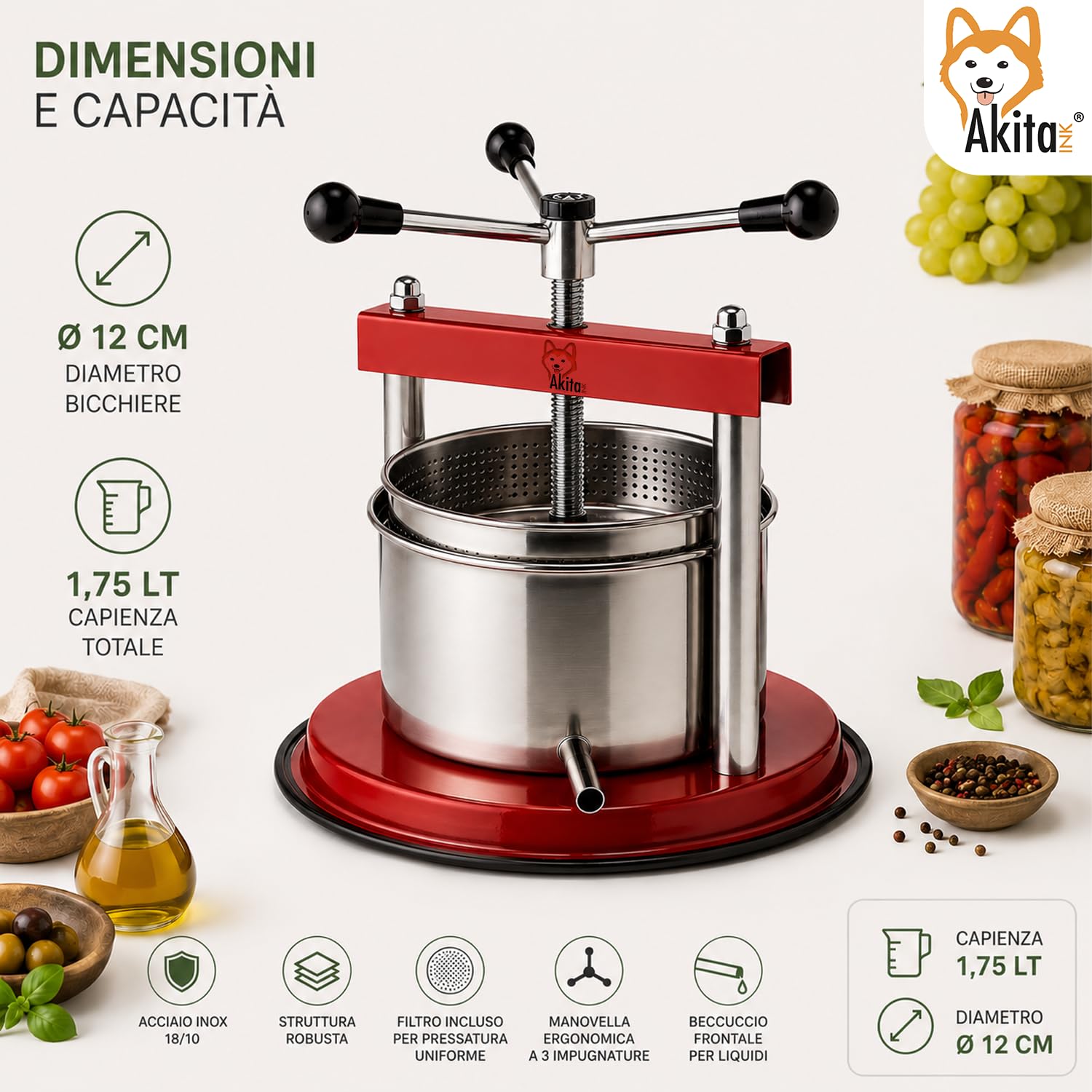 Akitaink Torchietto Manuale 12 cm Pressa 1,75 L Inox