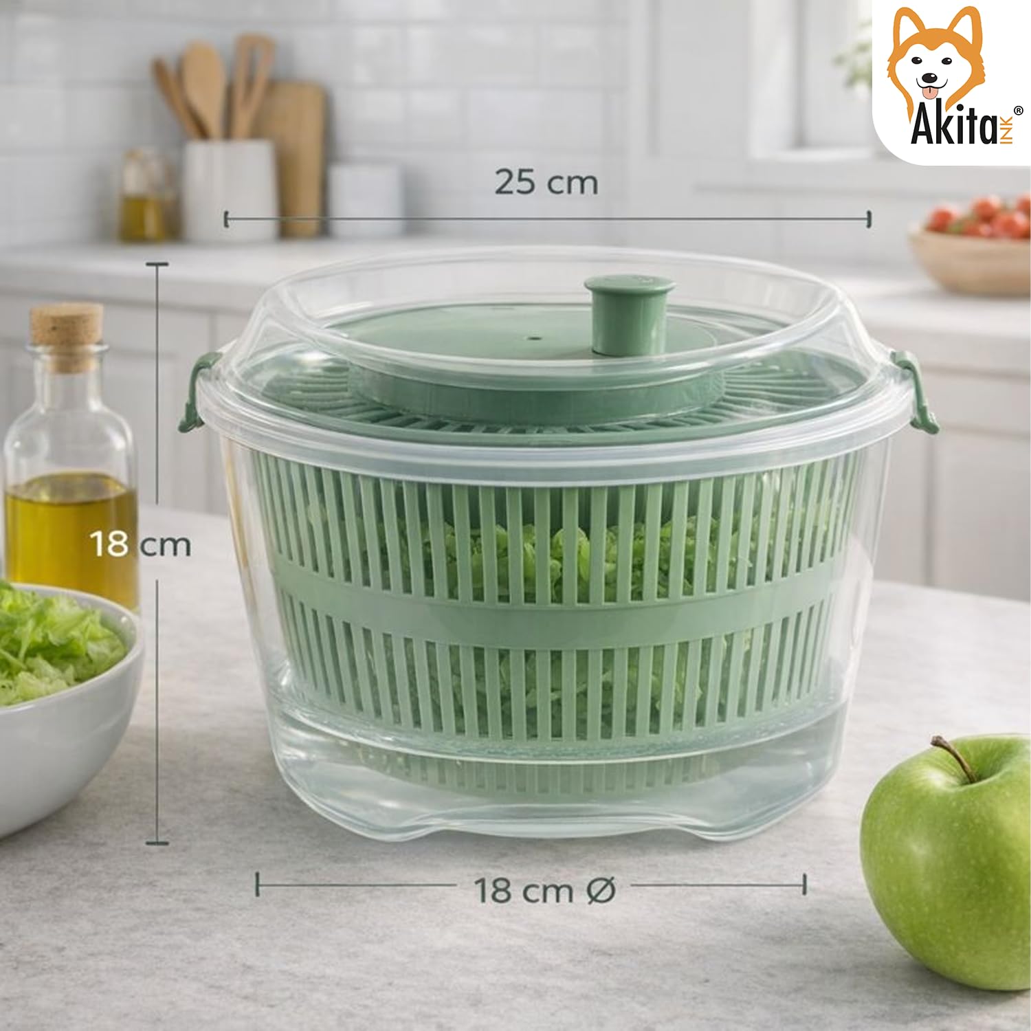 Akitaink Centrifuga Insalata Manuale 4,4 L Verde Trasparente