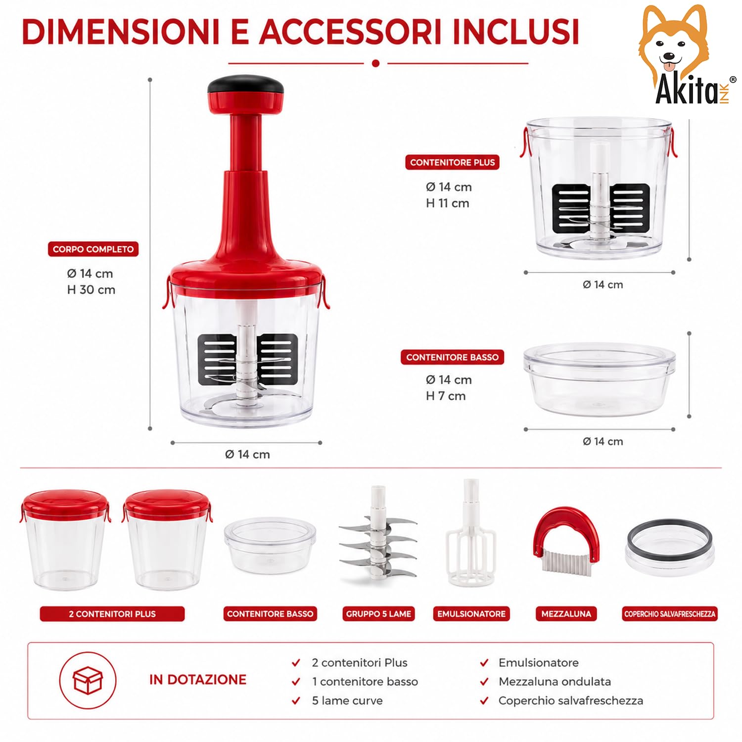Akitaink Samurai Tritì Plus Tritatutto Manuale 5 Lame 3 Contenitori