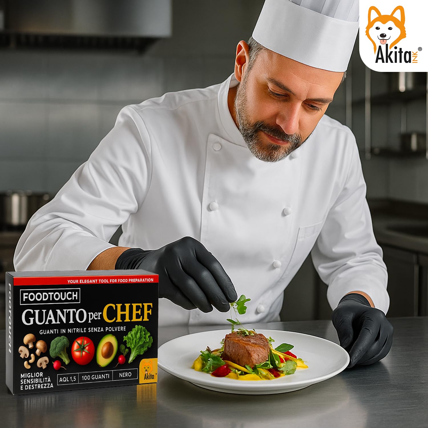 Akitaink Chef guanti nitrile neri food M 100 pezzi 4 g