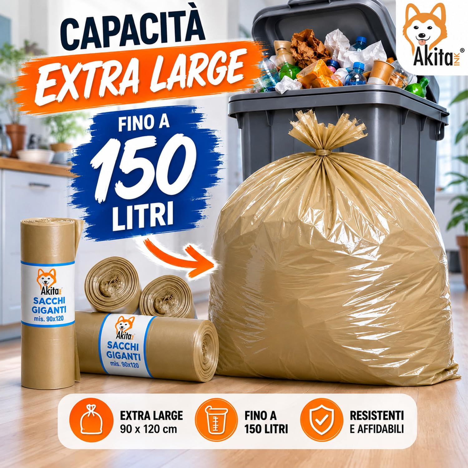 Akitaink sacchi condominiali 90x120 cm 150 litri 40 pezzi ambra