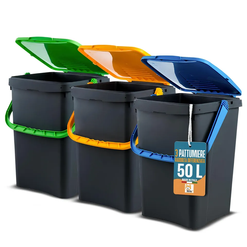 Akitaink Akipatfolk set 3 pattumiere 50 L plastica riciclata 150 L