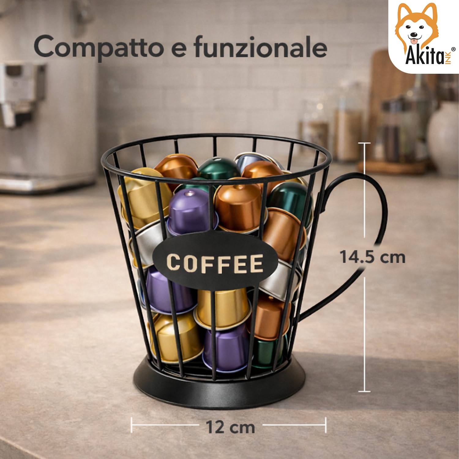 Akitaink portacapsule metallo tazza nera 12x14,5 cm salvaspazio