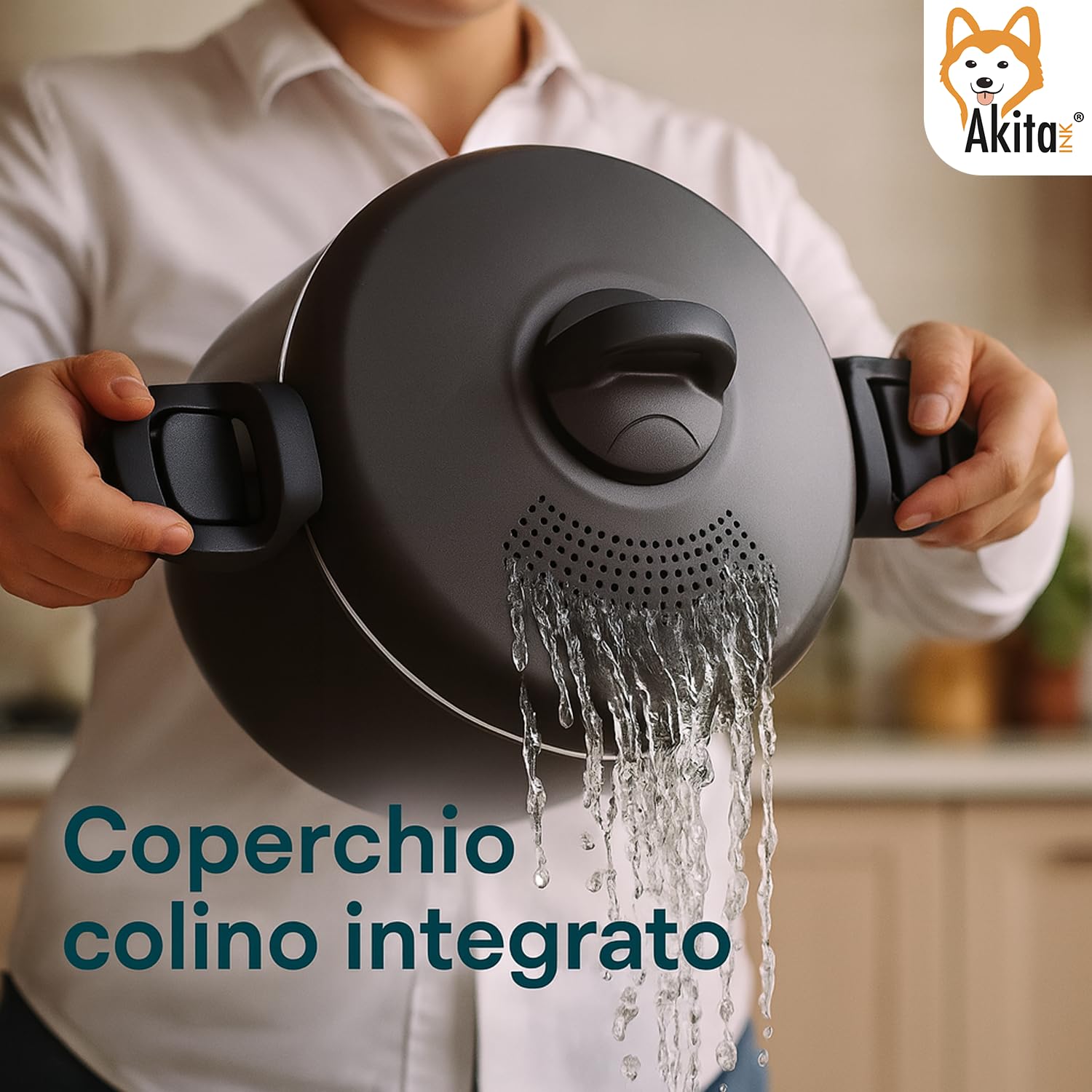 Akitaink Scolì pentola 22 cm 5L con scolapasta antiaderente