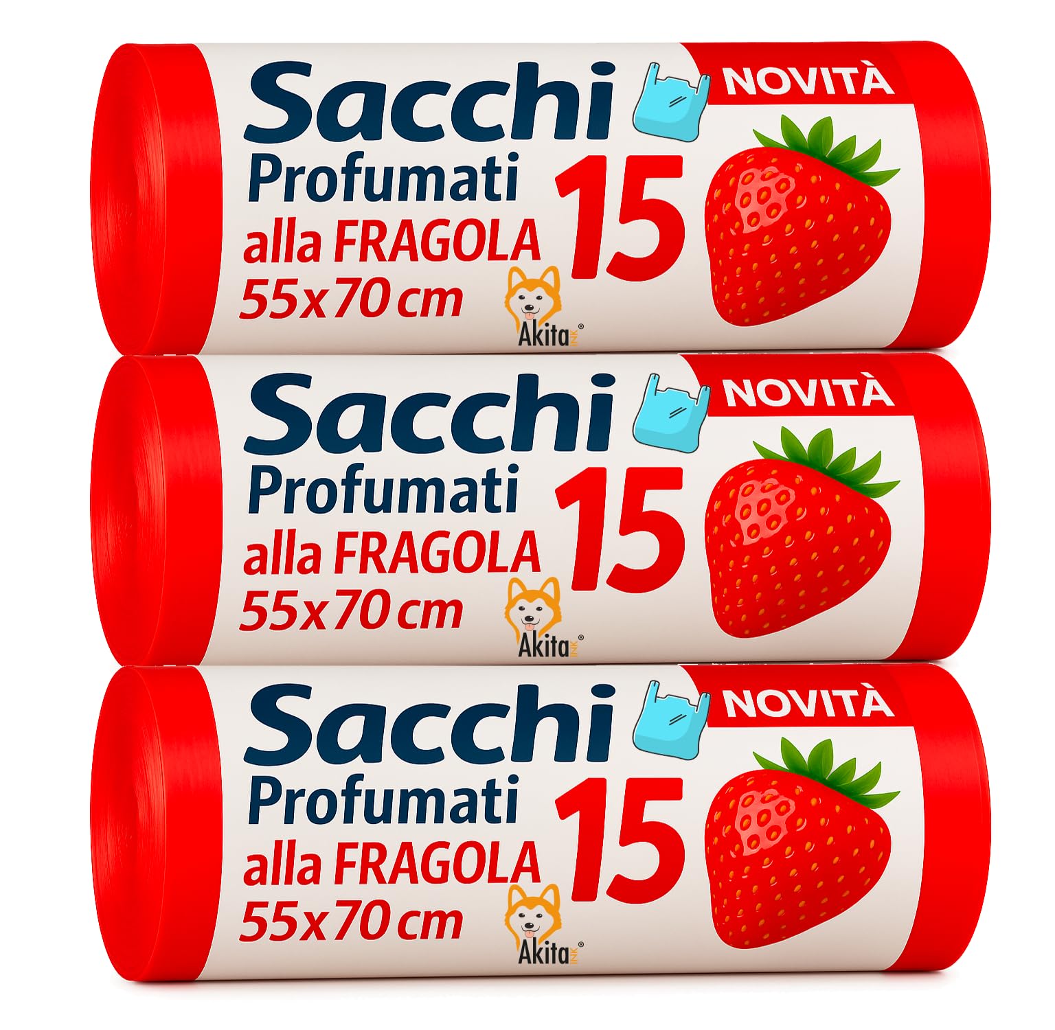Akitaink sacchi spazzatura fragola 45L 45 pezzi con manici