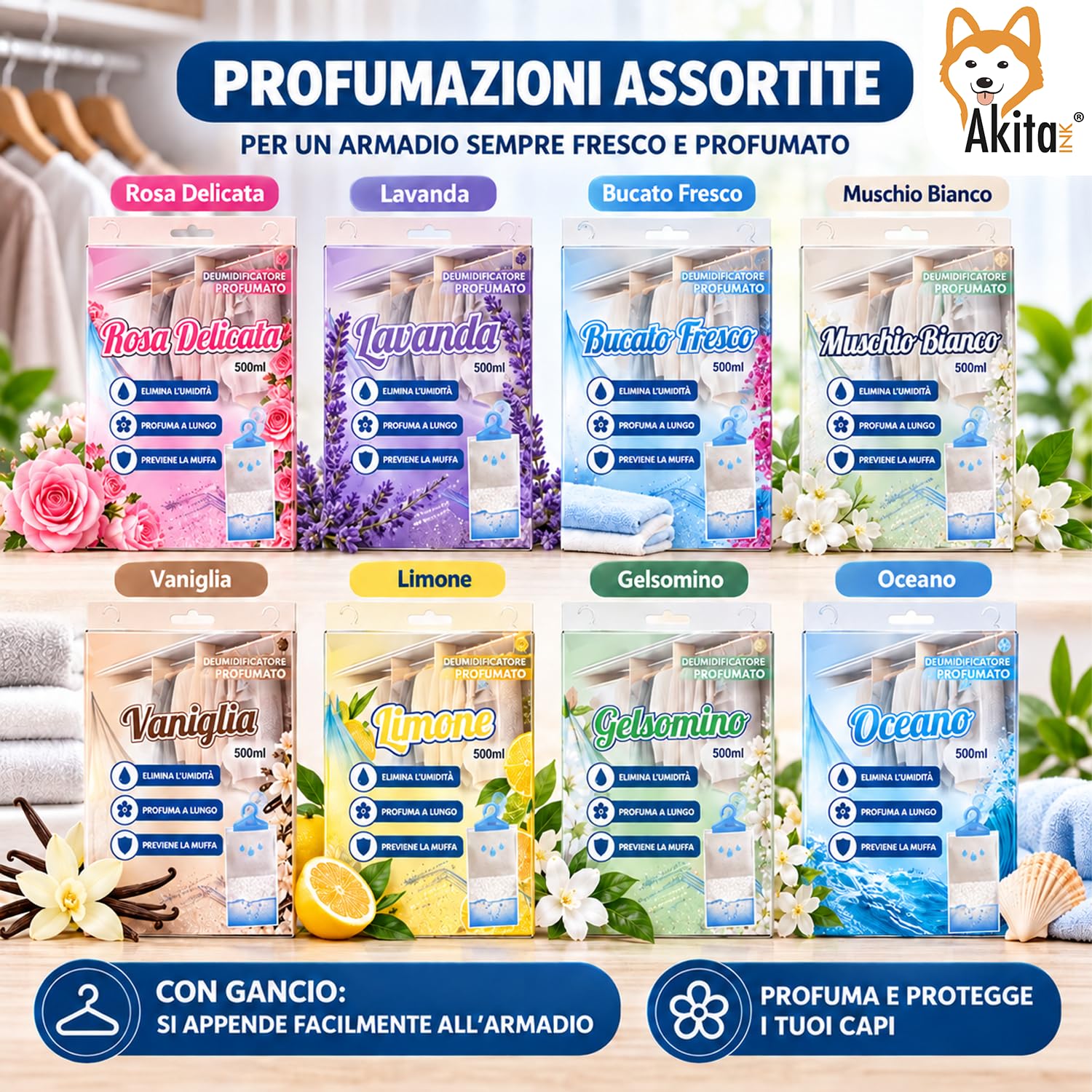 Akitaink assorbiumidità appendere 500ml 12 pezzi profumati