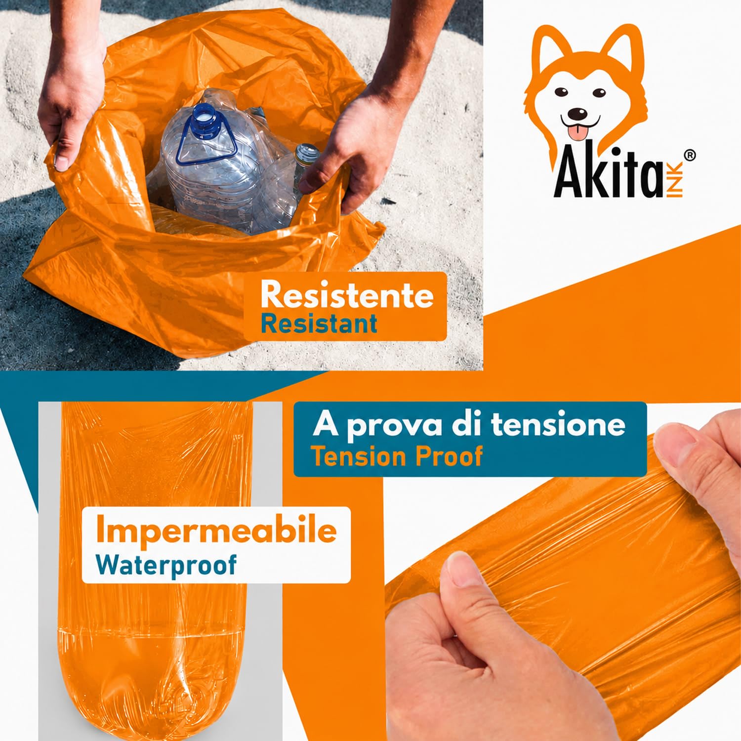 Akitaink Sacchi Spazzatura 70x110 cm Arancioni 60 Pezzi 110L