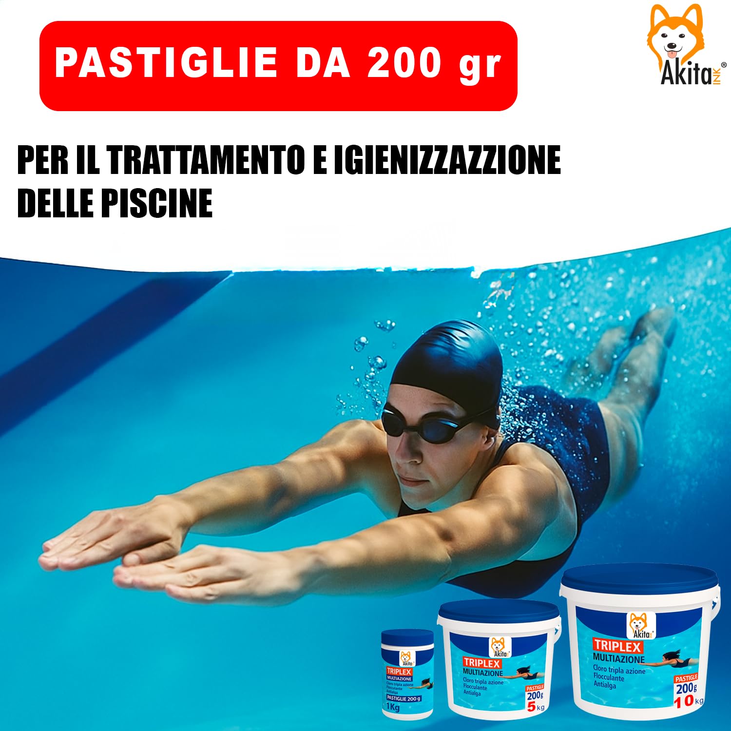 Akitaink Triplex pastiglie cloro 3 in 1 piscina 1 kg 200 g