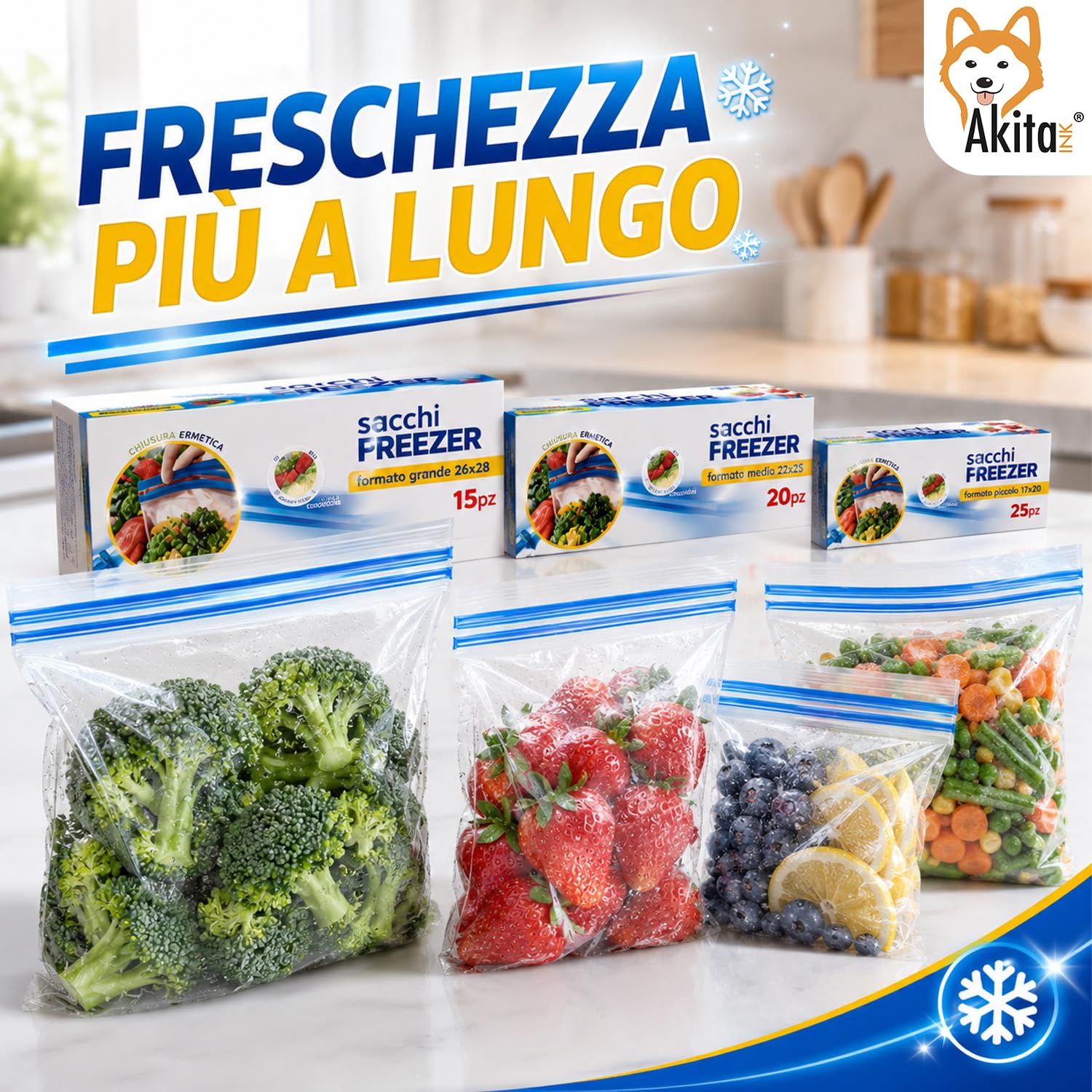 Akitaink sacchetti freezer zip 60 pezzi 3 misure