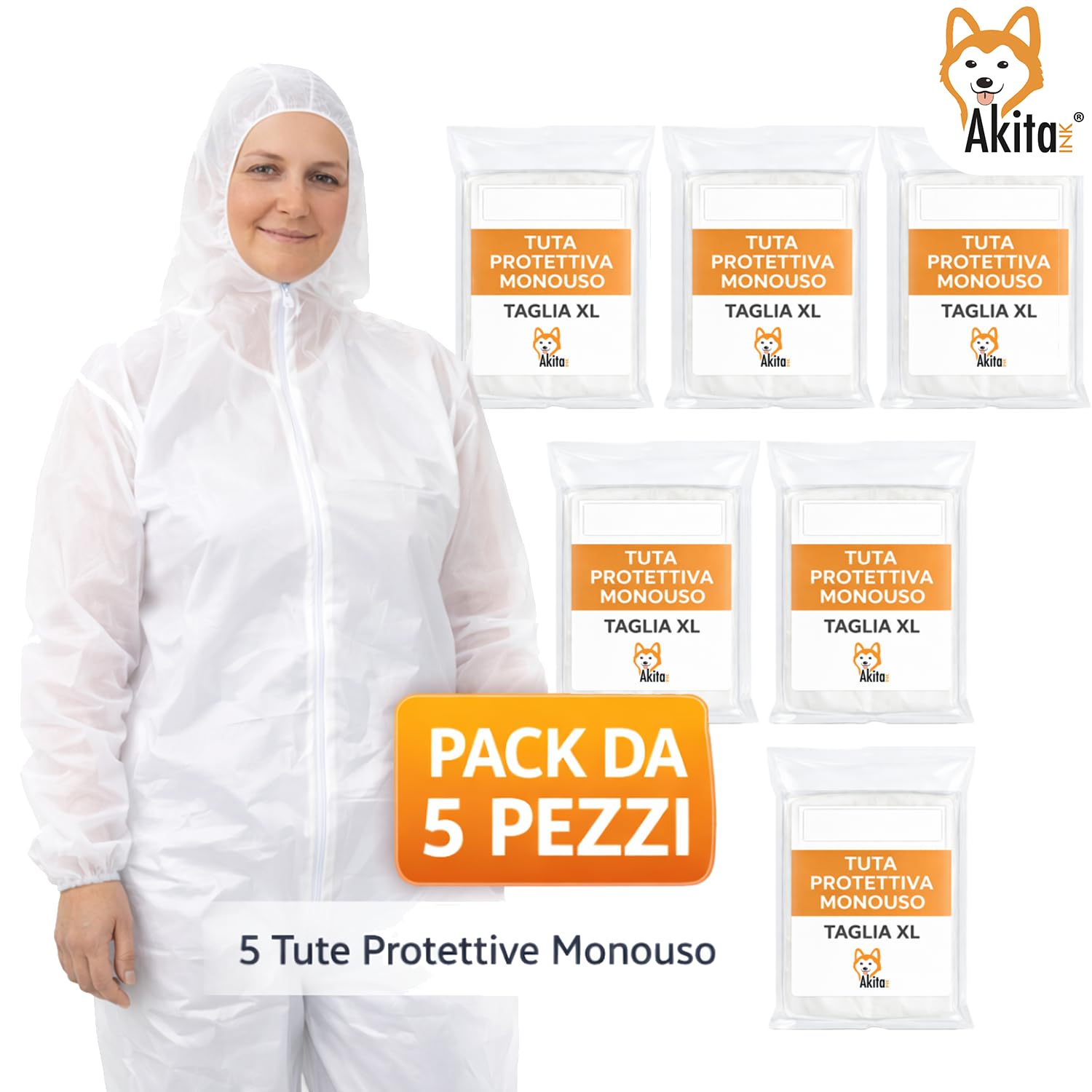 Akitaink Tuta monouso PP bianca 5 pz con cappuccio taglia L