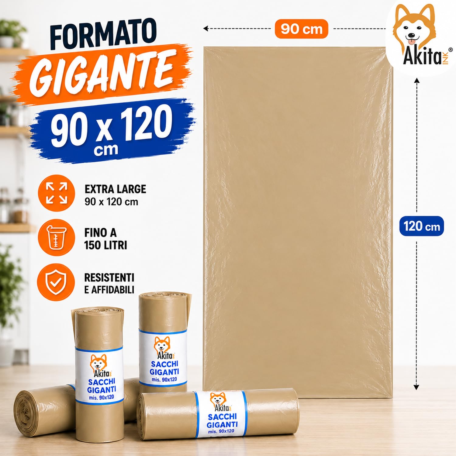 Akitaink sacchi condominiali 90x120 cm 150 litri 40 pezzi ambra