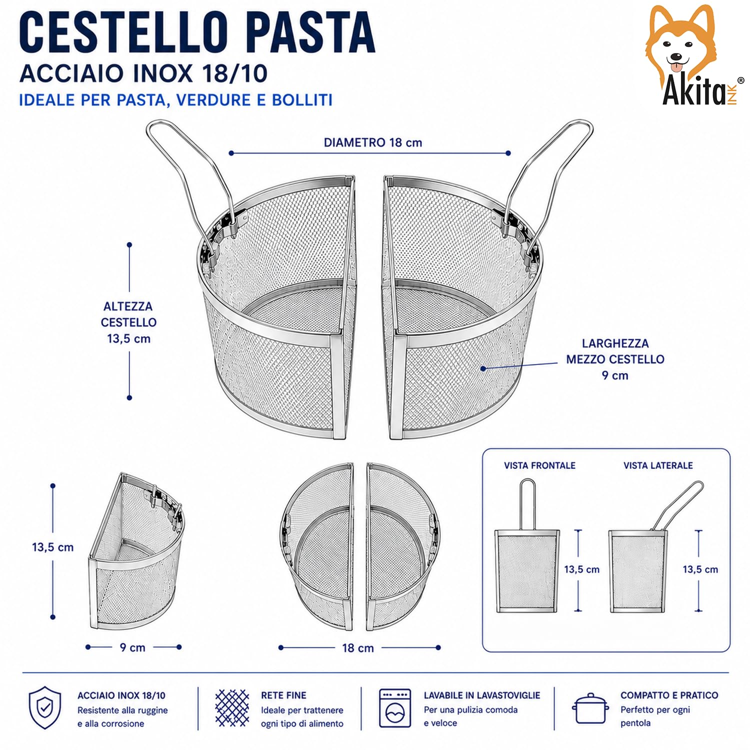 Akitaink cestelli cuocipasta inox 18 cm set 2 pezzi divisori