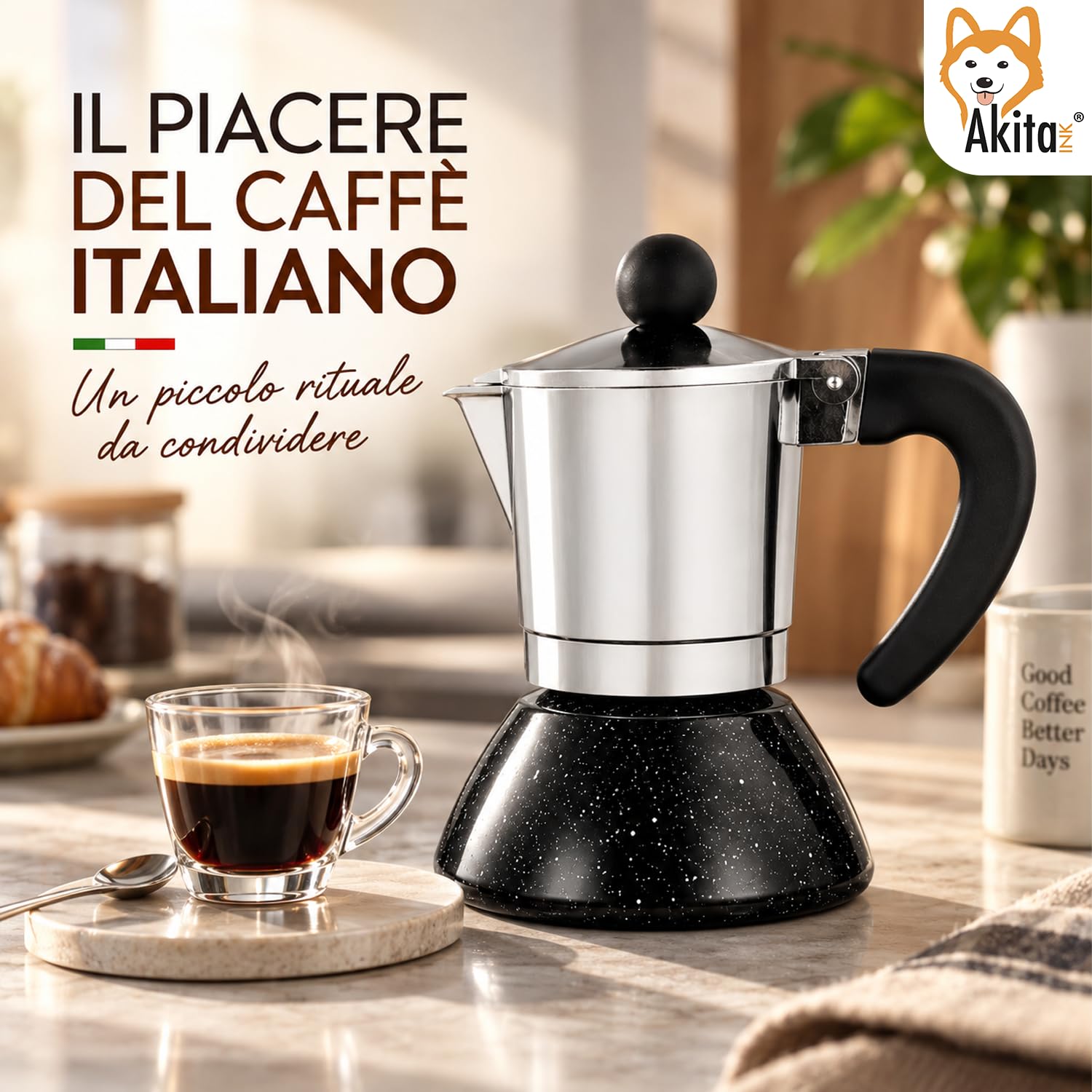 Akitaink moka induzione 2 tazze in alluminio con silicone