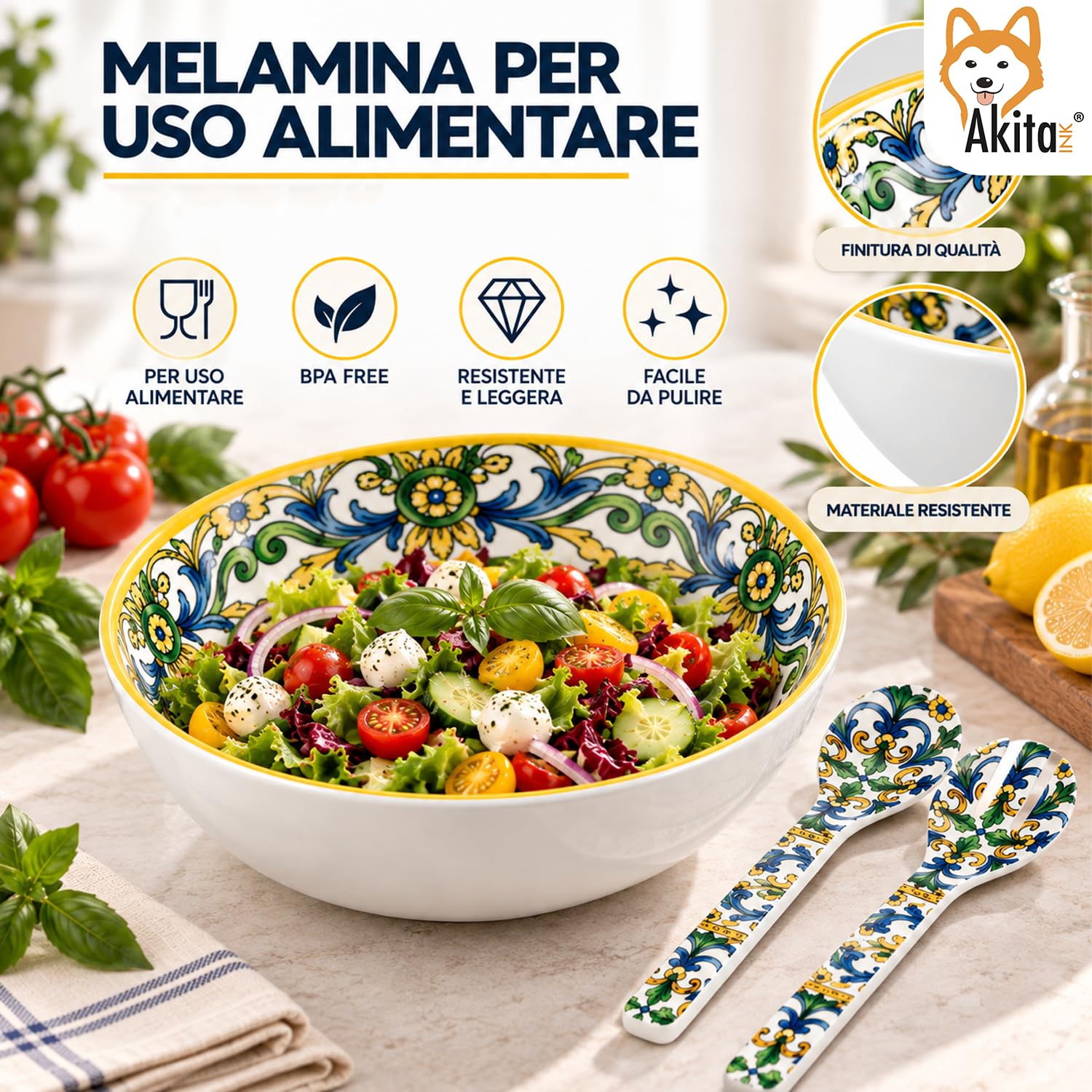 Akitaink Portofino set insalatiera 3 L con posate melamina