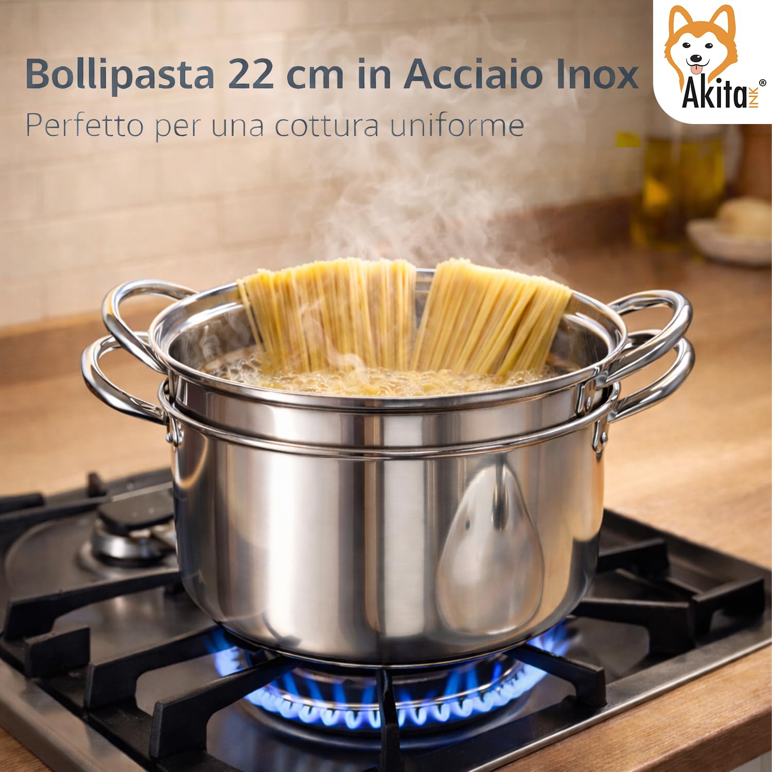 Akitaink Bollipasta Acciaio 22 cm con Cestello e Coperchio