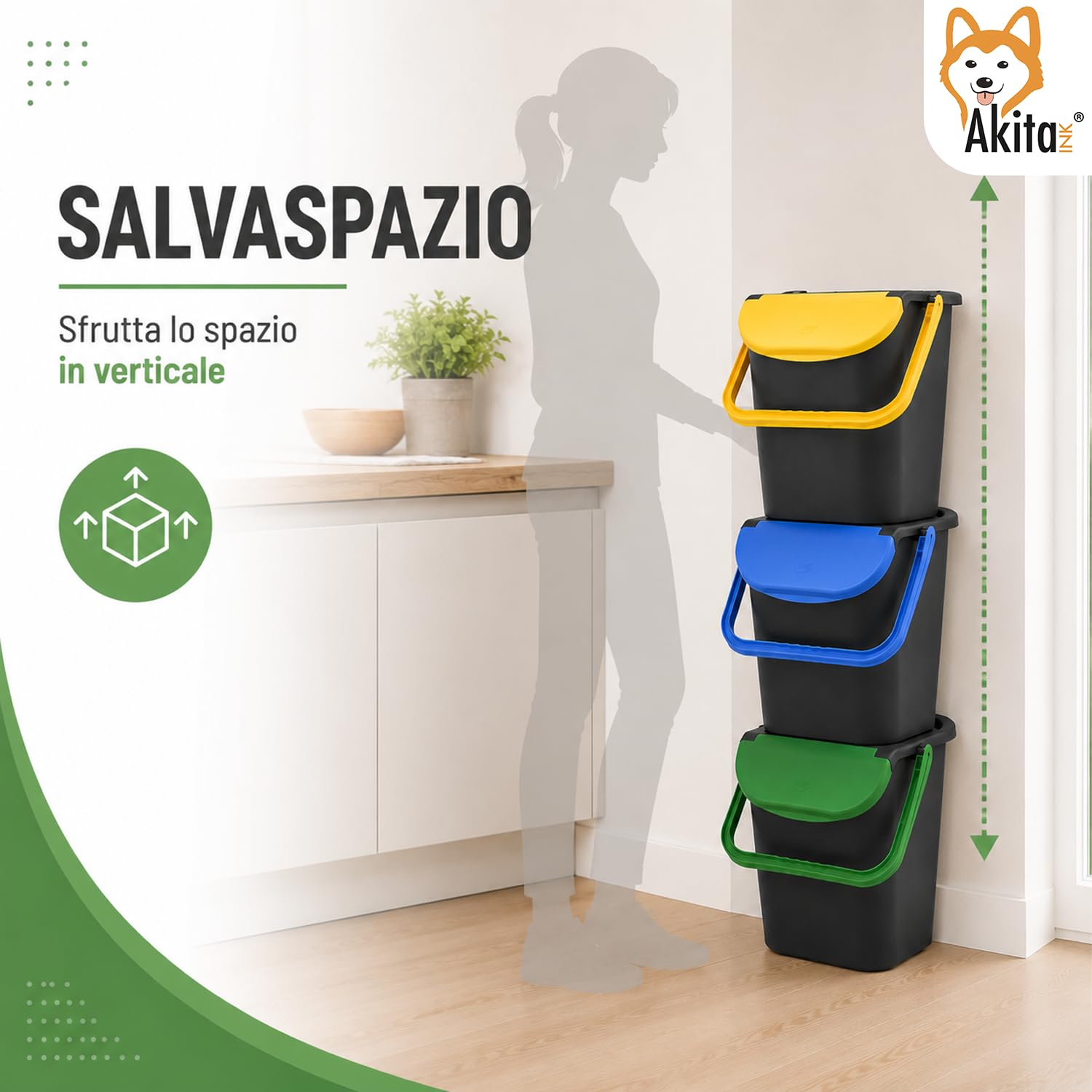 Akitaink Tower Bin pattumiere 30 litri set 3 pezzi impilabili
