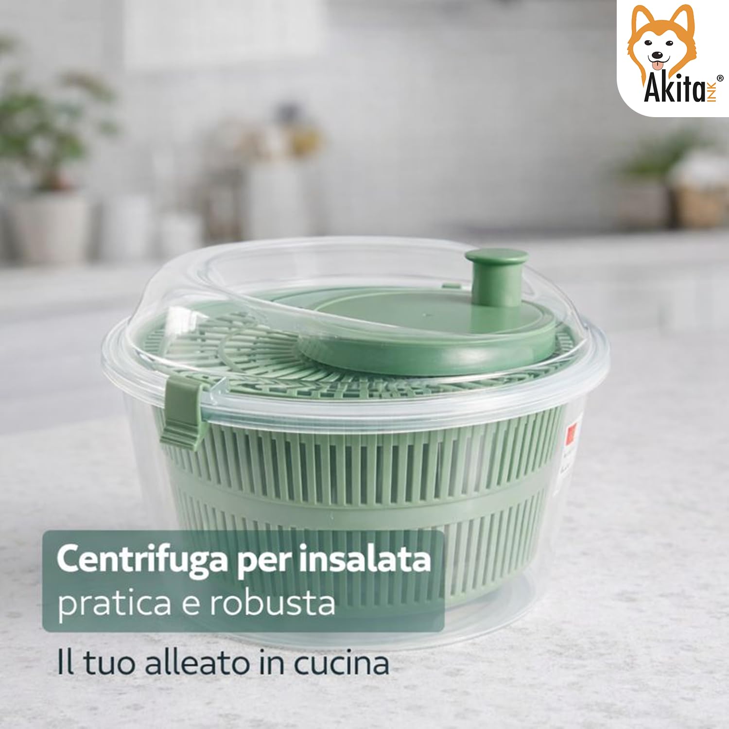 Akitaink Centrifuga Insalata Manuale 4,4 L Verde Trasparente