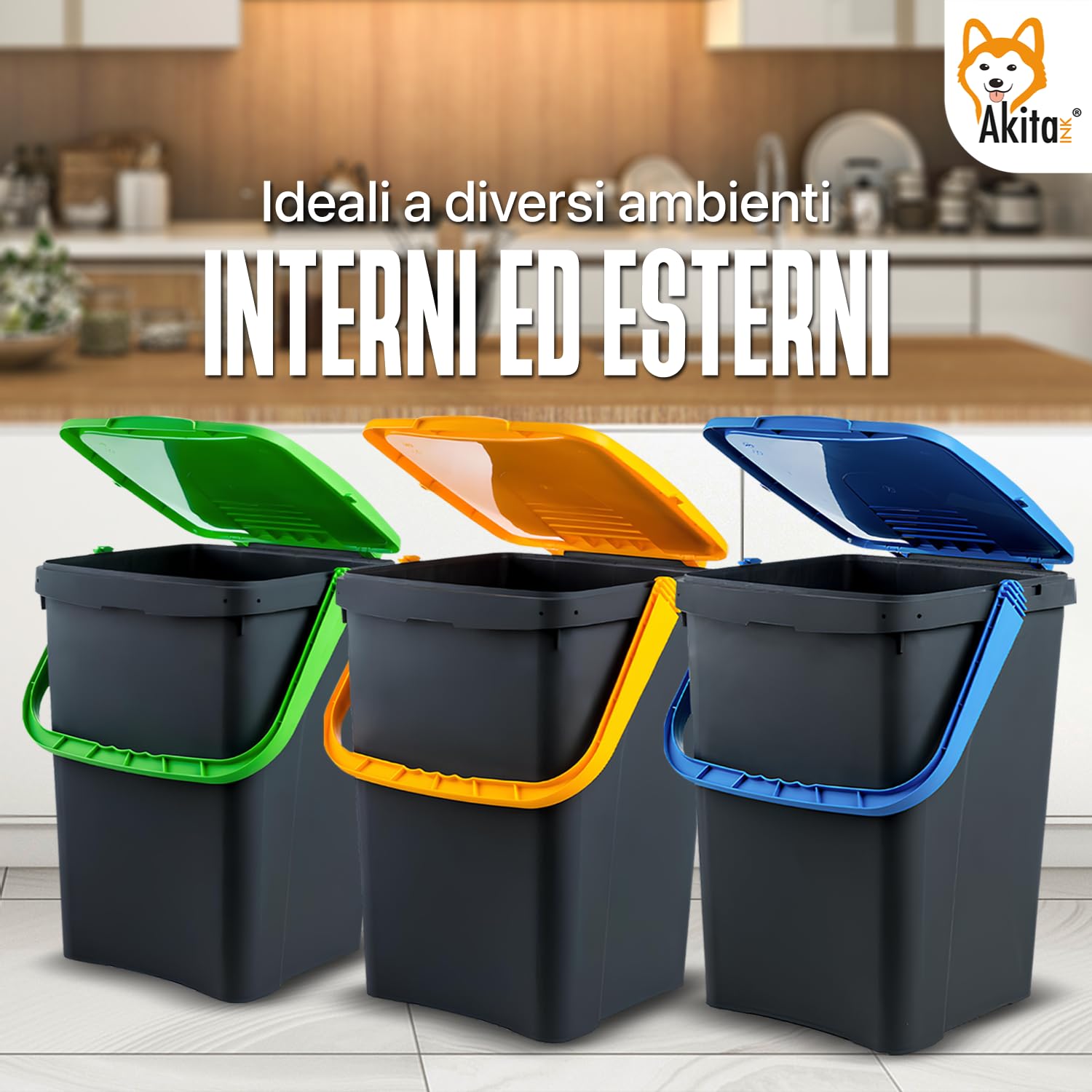 Akitaink Akipatfolk set 3 pattumiere 50 L plastica riciclata 150 L