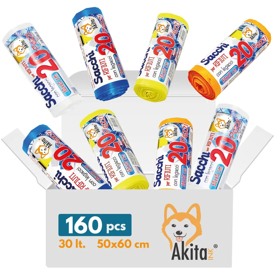 Akitaink sacchi spazzatura 30 litri 50x60cm 160 pezzi colorati