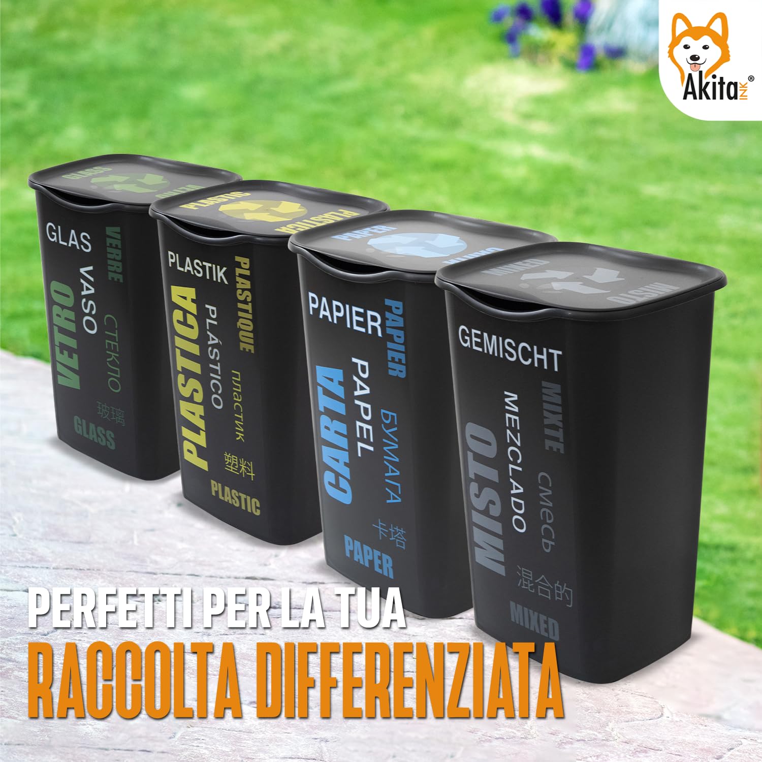Akitaink Pattumiere differenziata 50 litri 4 pezzi con coperchio