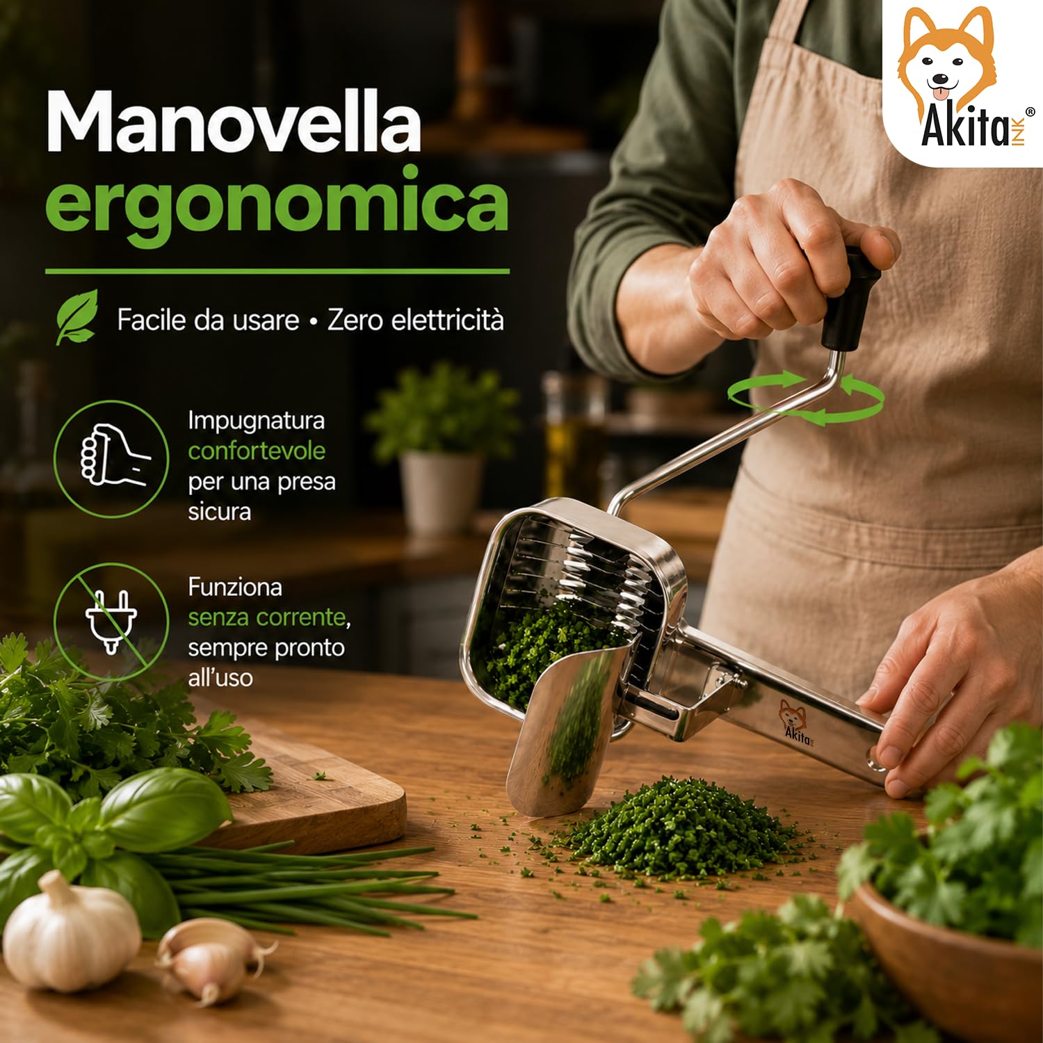 Akitaink Tritaprezzemolo manuale in acciaio con manovella