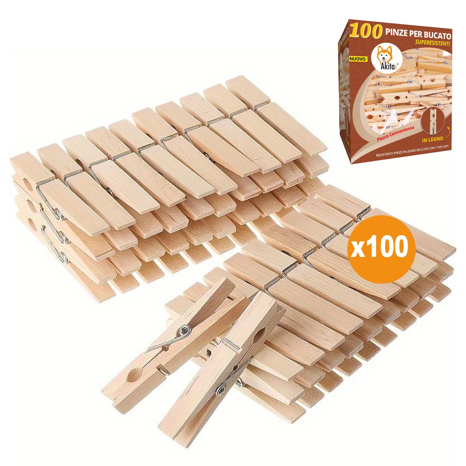 Akitaink mollette bucato legno 10 cm 100 pezzi antiruggine