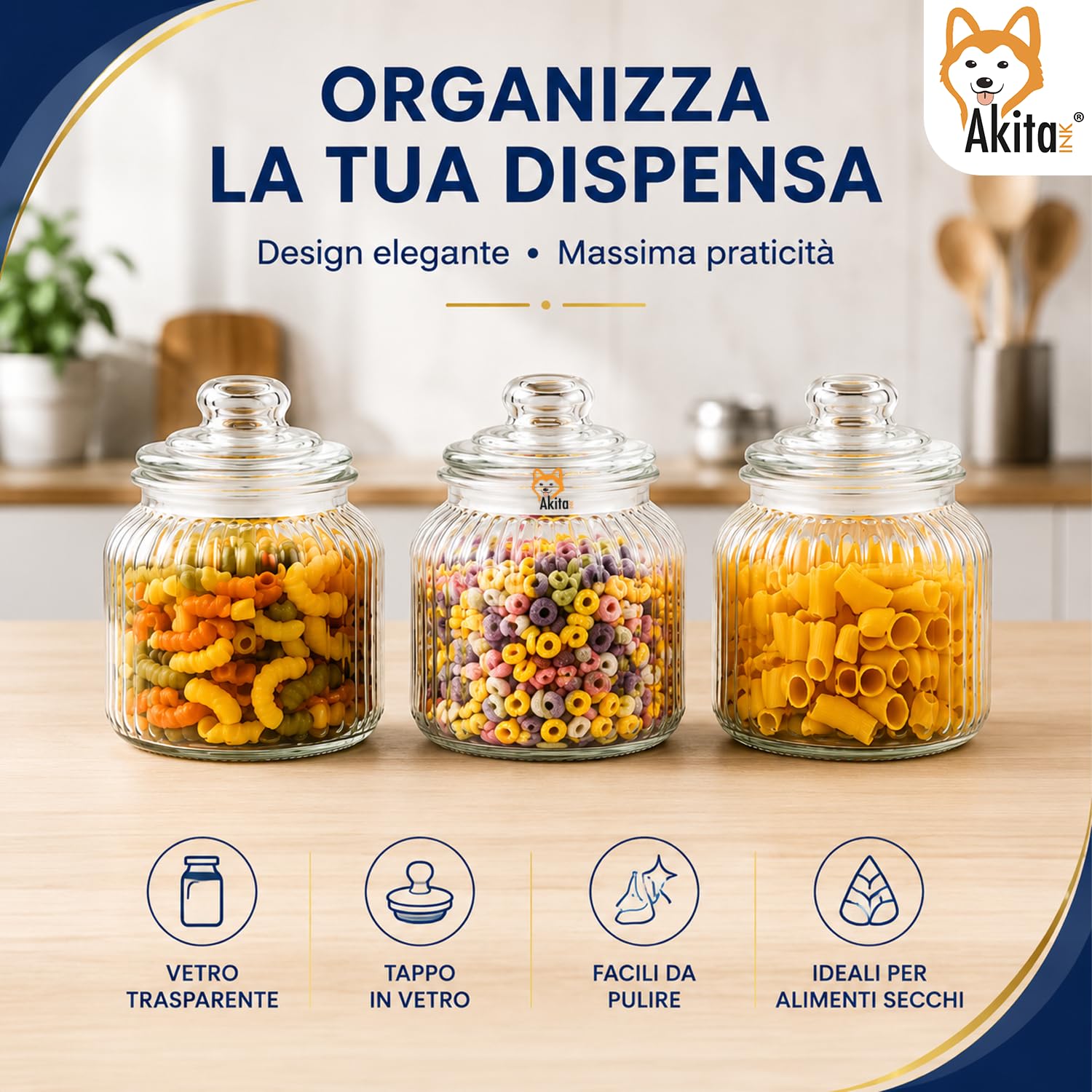 Akitaink barattoli vetro 700ml 3pz con tappo vetro