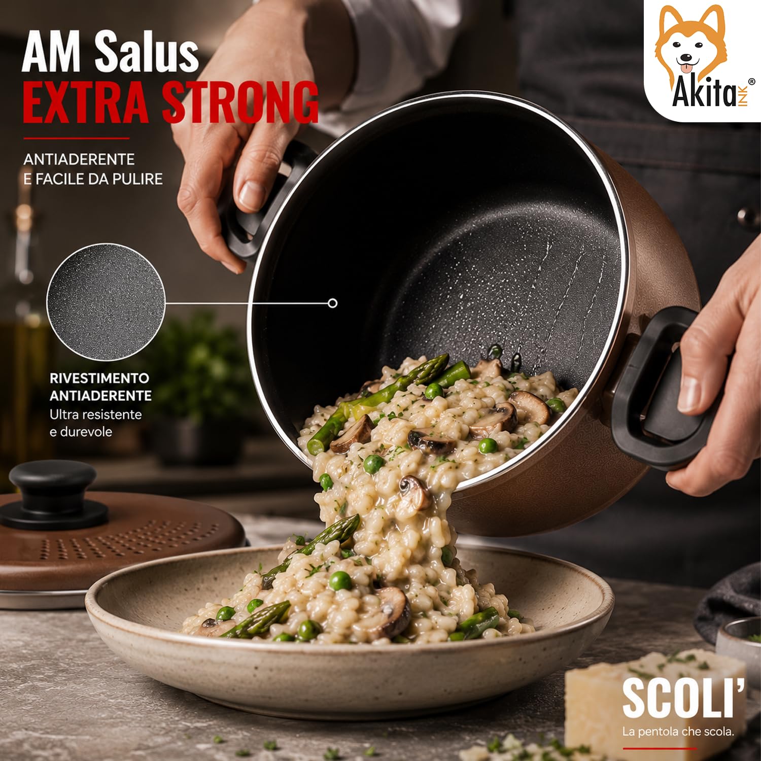 Akitaink Scolì 22 cm Pentola Scolapasta 5,7 L Antiaderente
