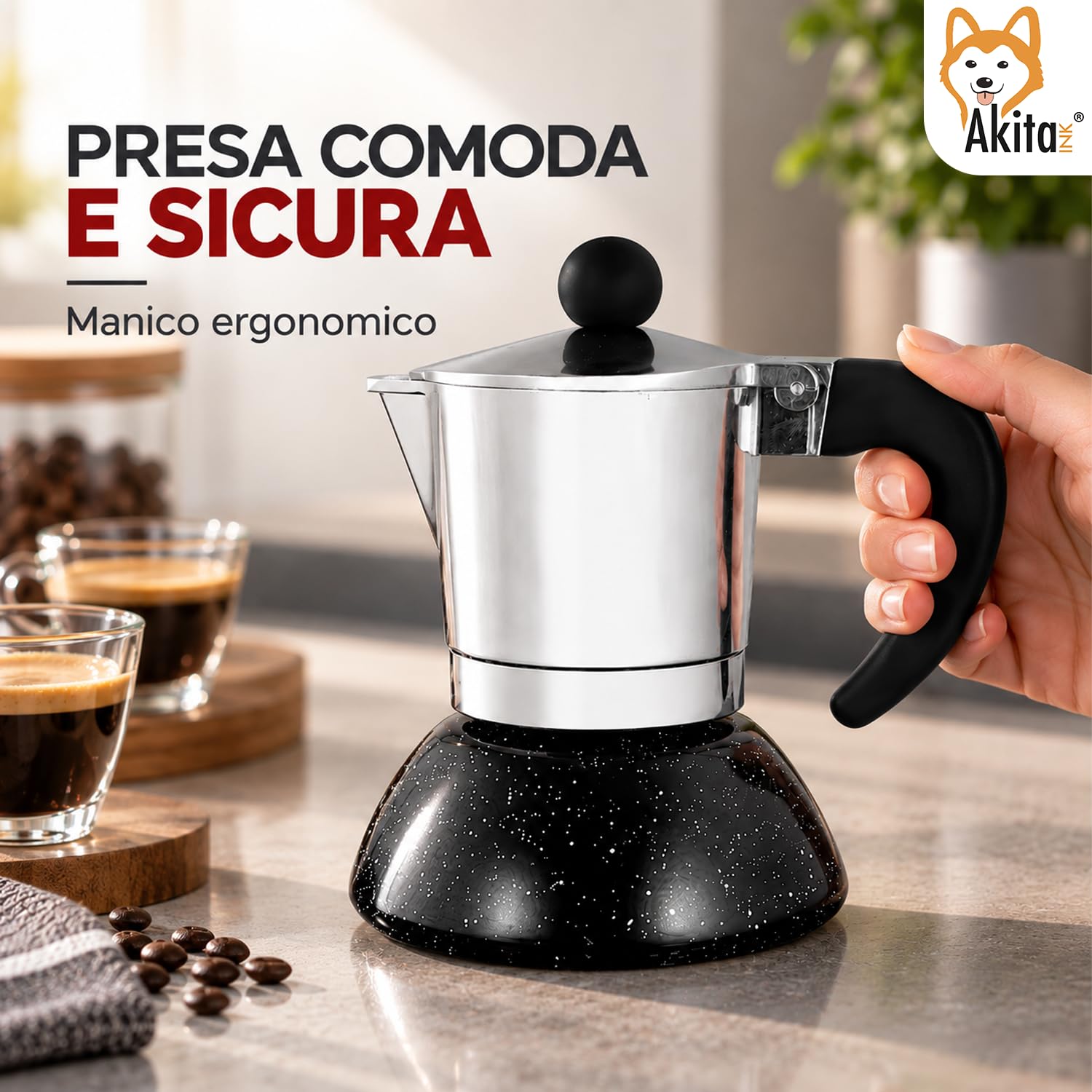 Akitaink moka induzione 2 tazze in alluminio con silicone