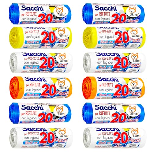 Akitaink sacchi spazzatura 50x60 cm 30 litri 240 pezzi colori