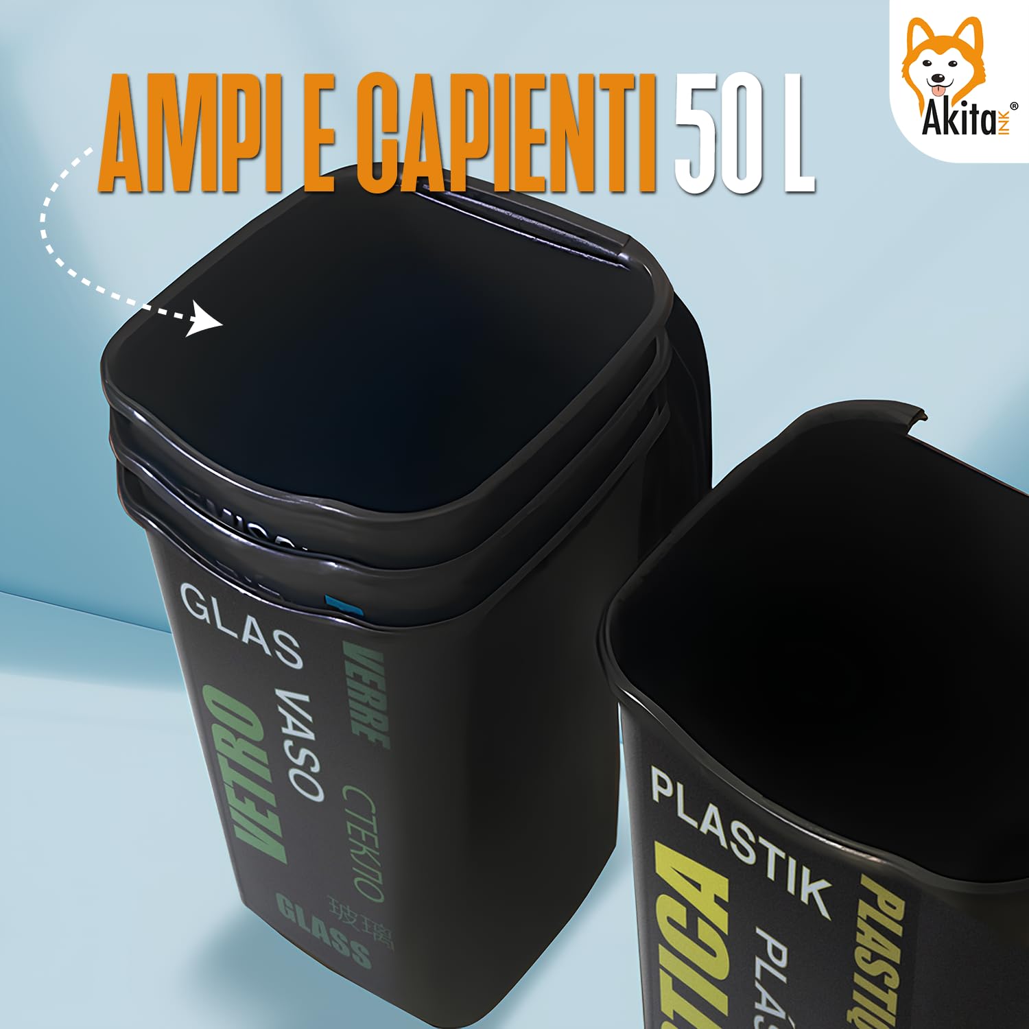 Akitaink Pattumiere differenziata 50 litri 4 pezzi con coperchio