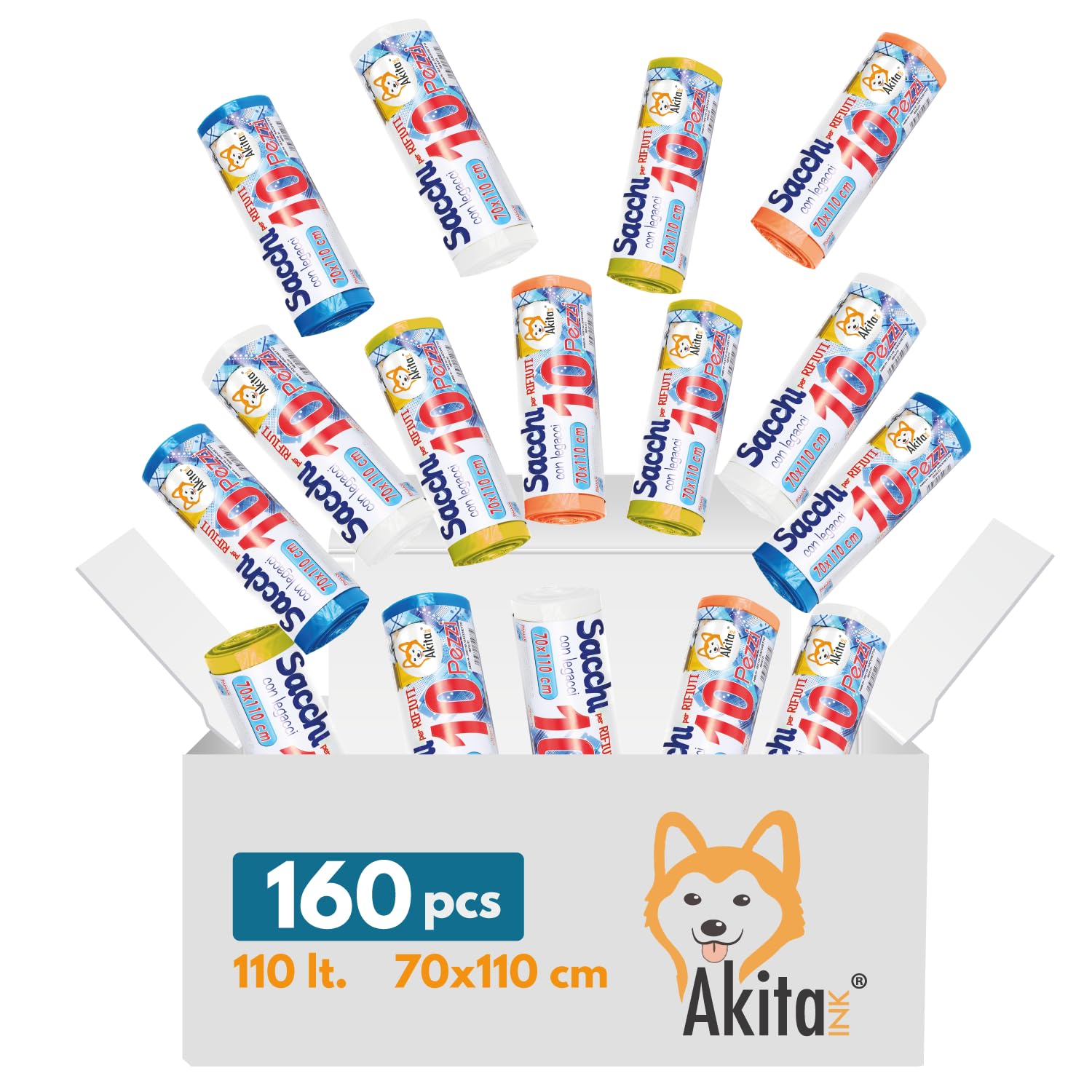 Akitaink sacchi spazzatura 70x110 cm 110 L 160 pz 4 colori