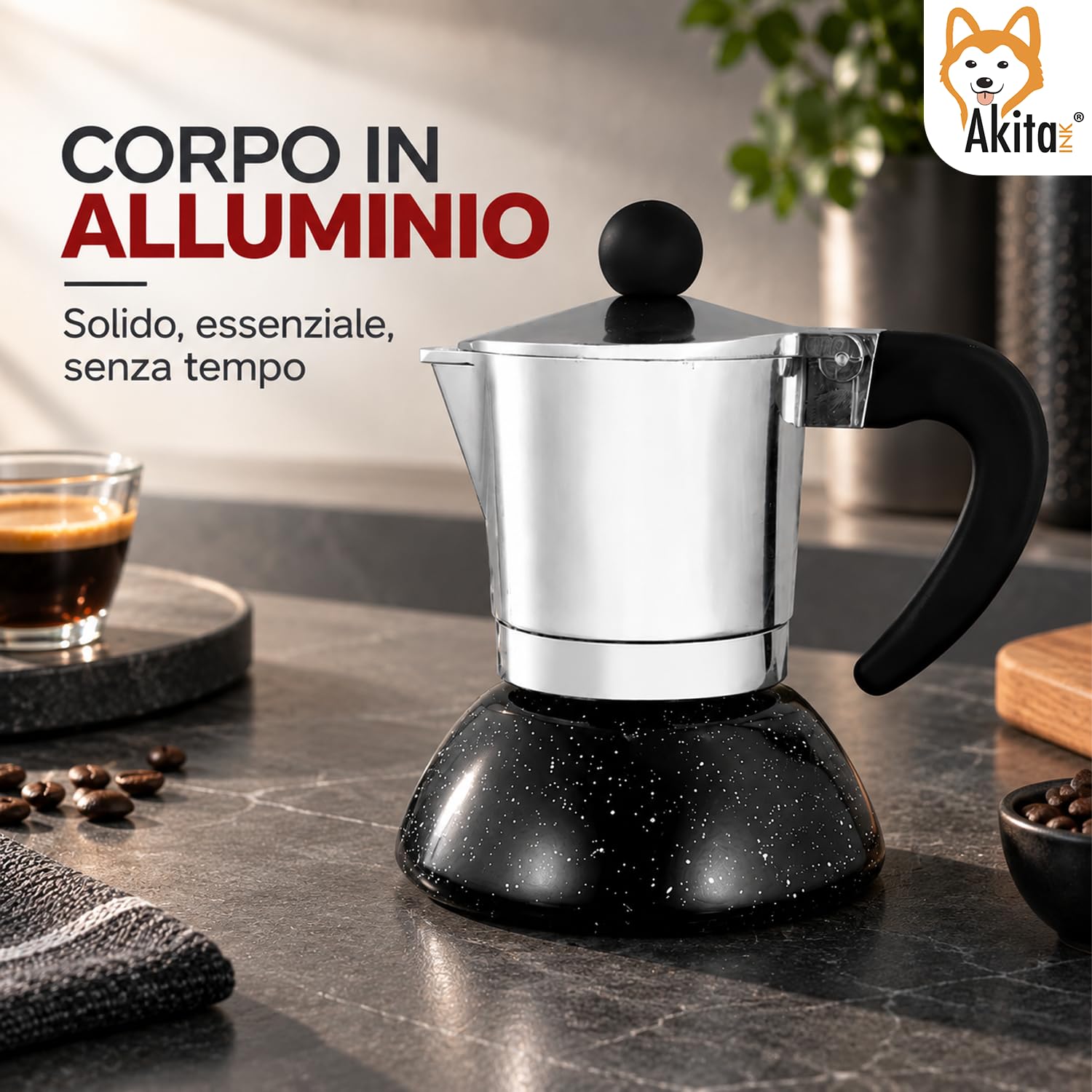 Akitaink moka induzione 2 tazze in alluminio con silicone