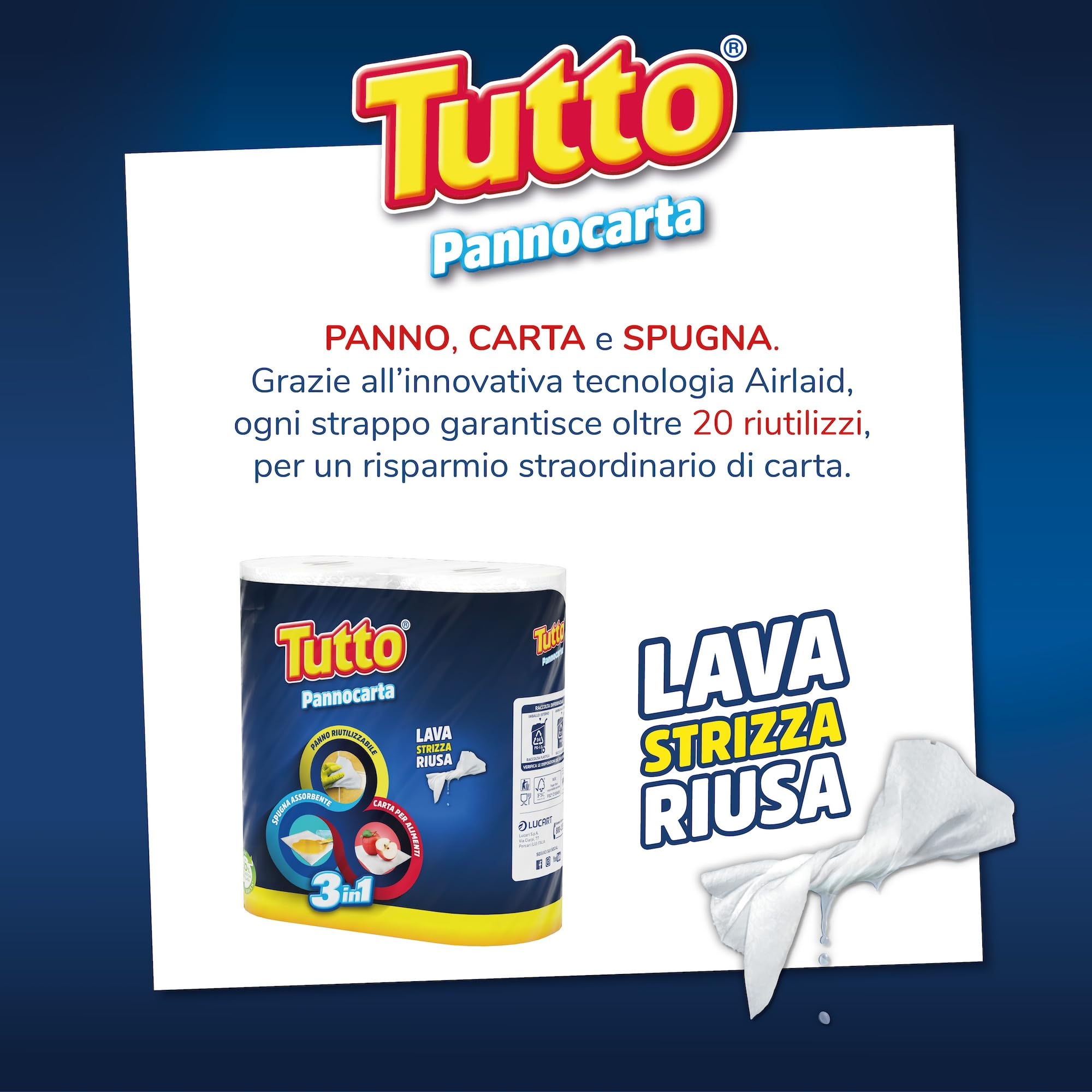 Tutto Pannocarta 3 in 1 Carta Multiuso 2 Rotoli 48 strappi