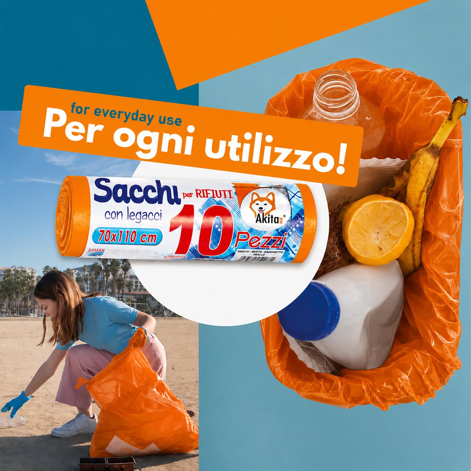 Akitaink Sacchi Spazzatura 70x110 cm Arancioni 60 Pezzi 110L