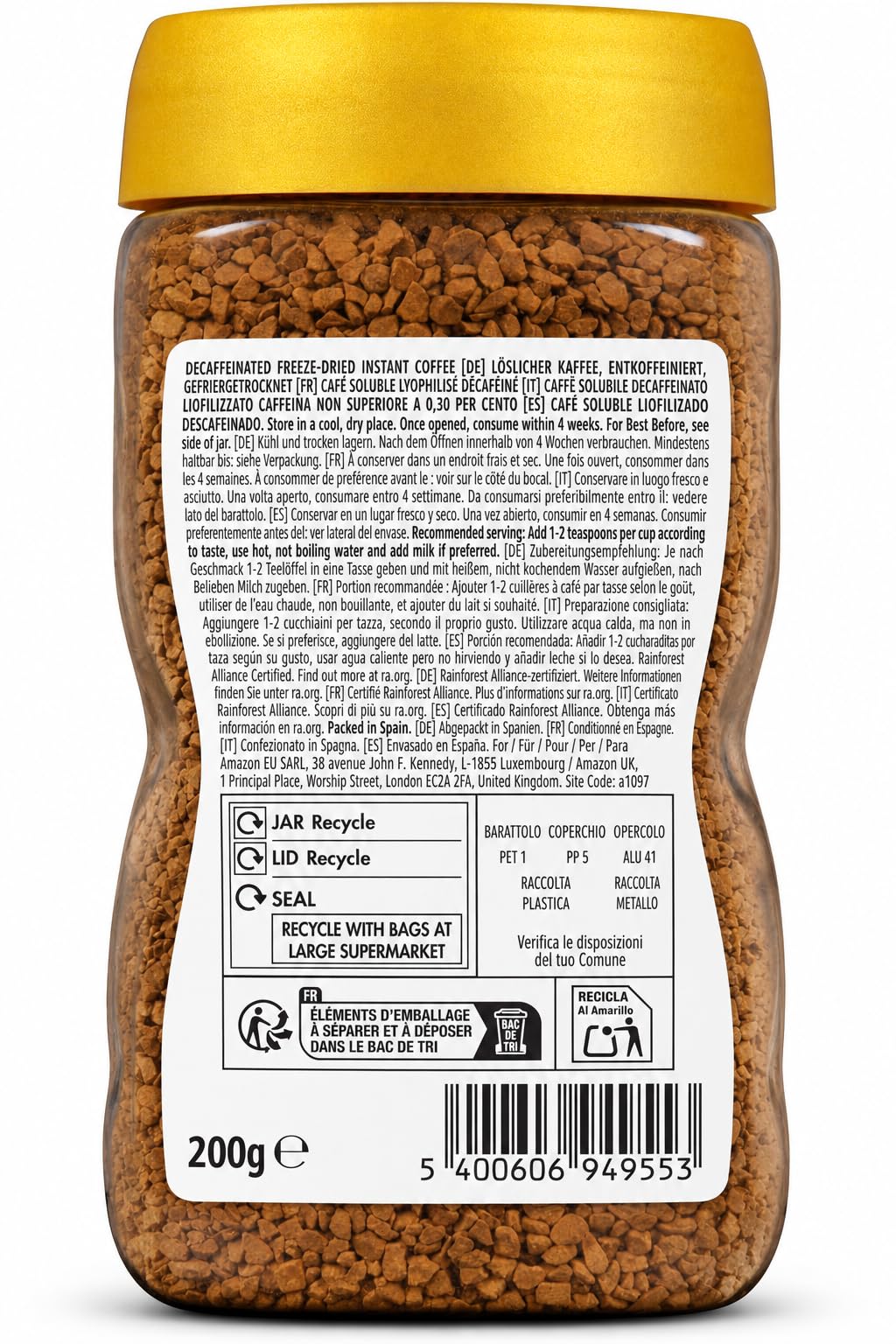 by Amazon Gold Caffè Solubile Decaffeinato 200 g Intensità 3