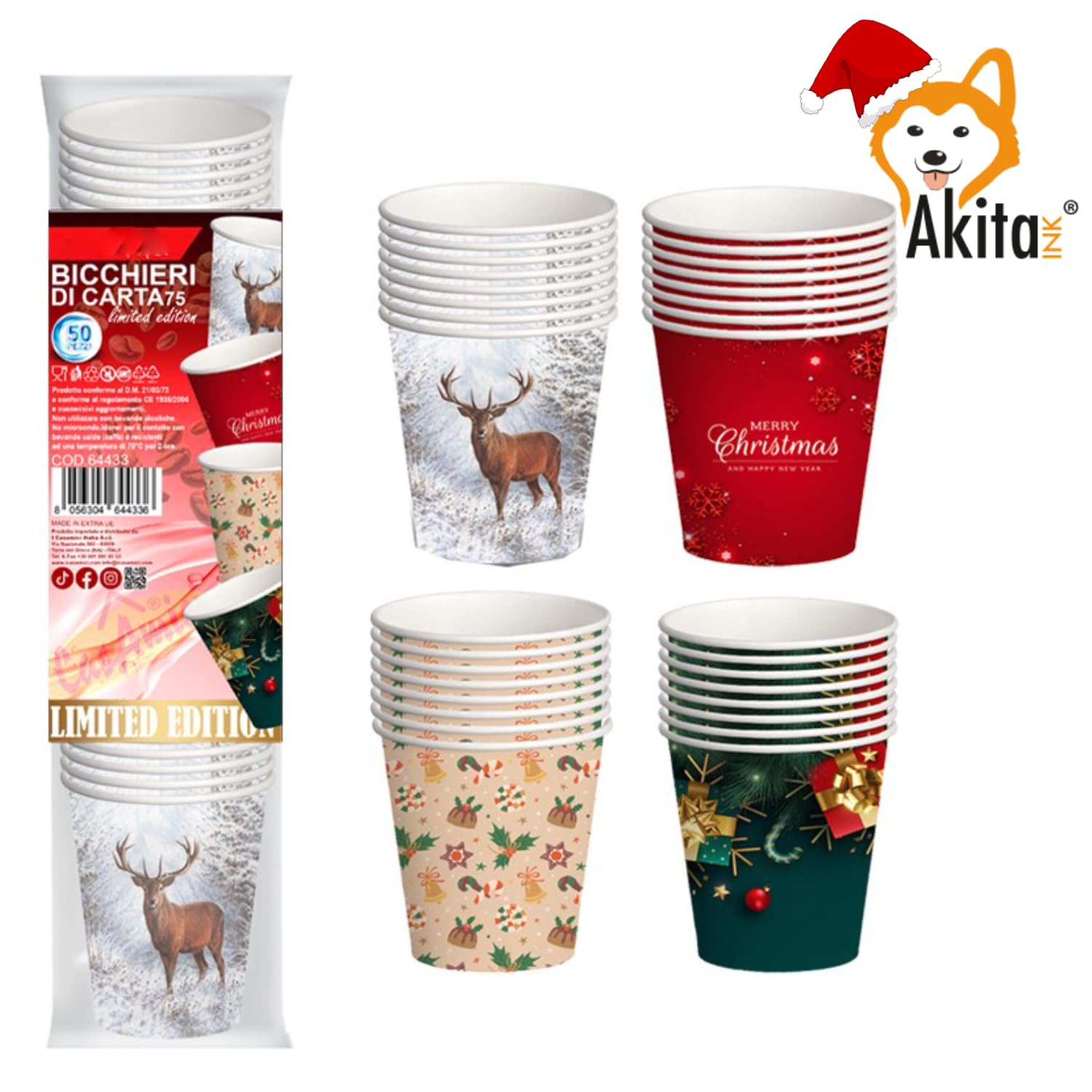 Akitaink bicchieri caffè carta 75 ml 1000 pz invernali