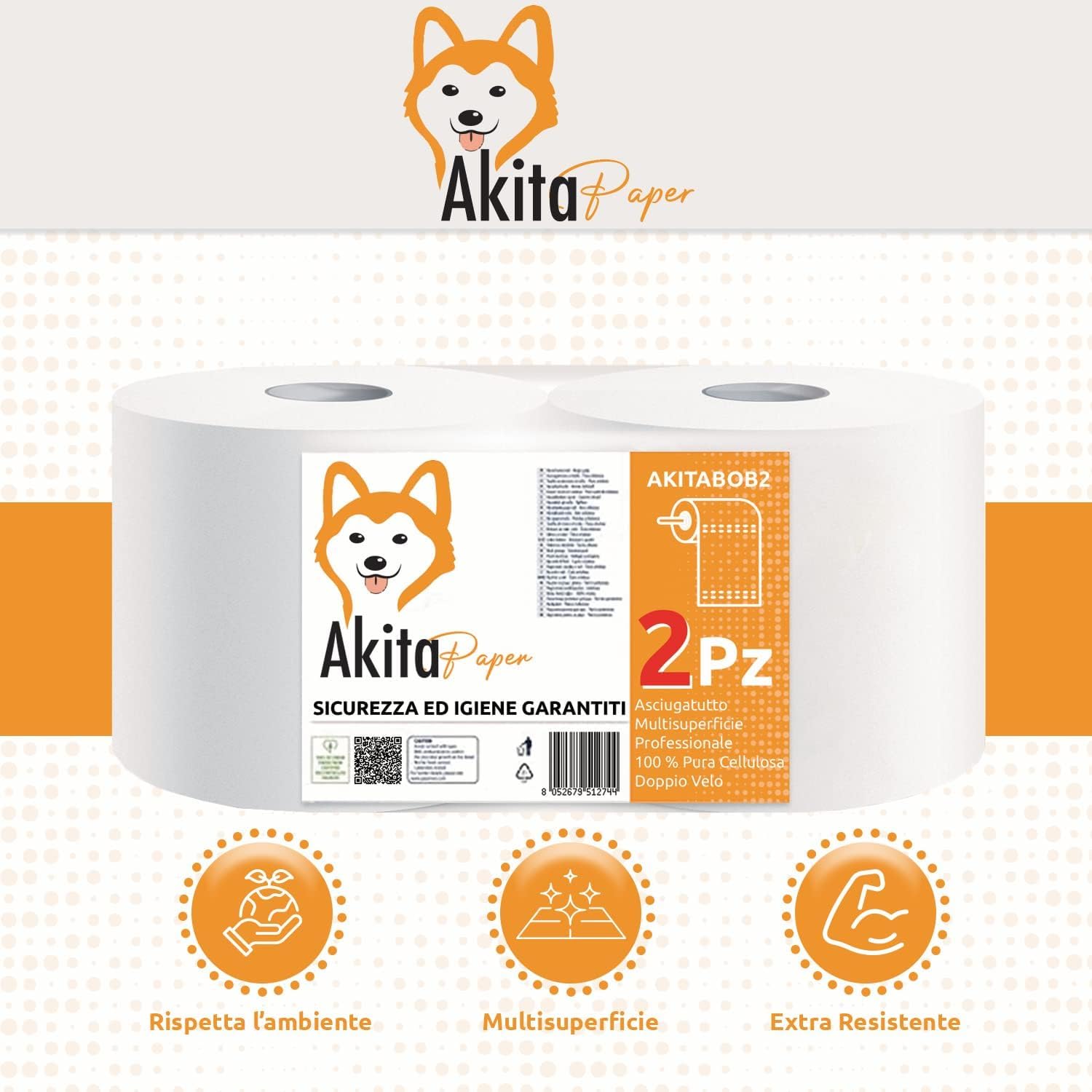 Akitaink Rotoloni Asciugatutto 2 Veli 8 Rotoli 6400 Strappi