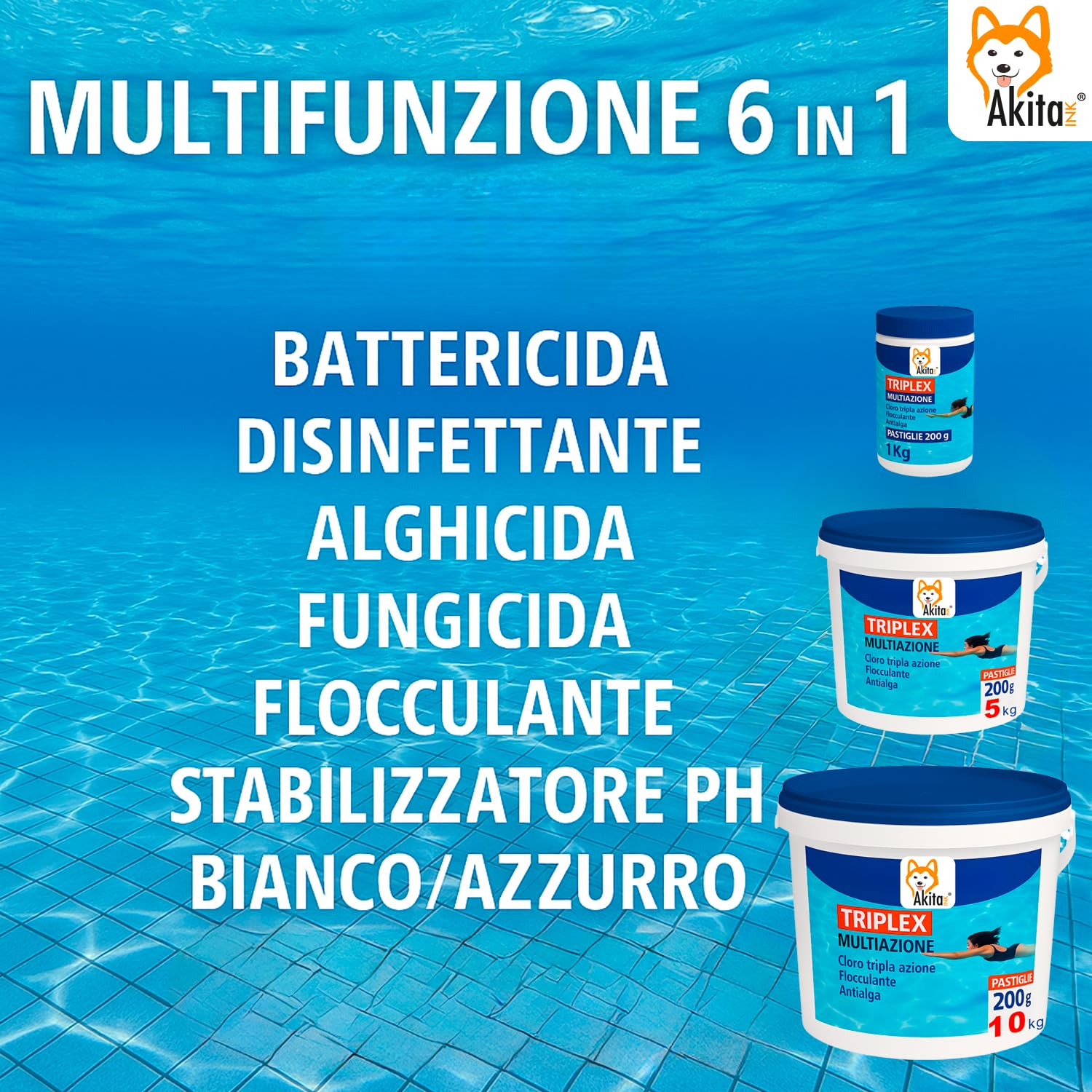 Akitaink Triplex pastiglie cloro 3 in 1 piscina 1 kg 200 g