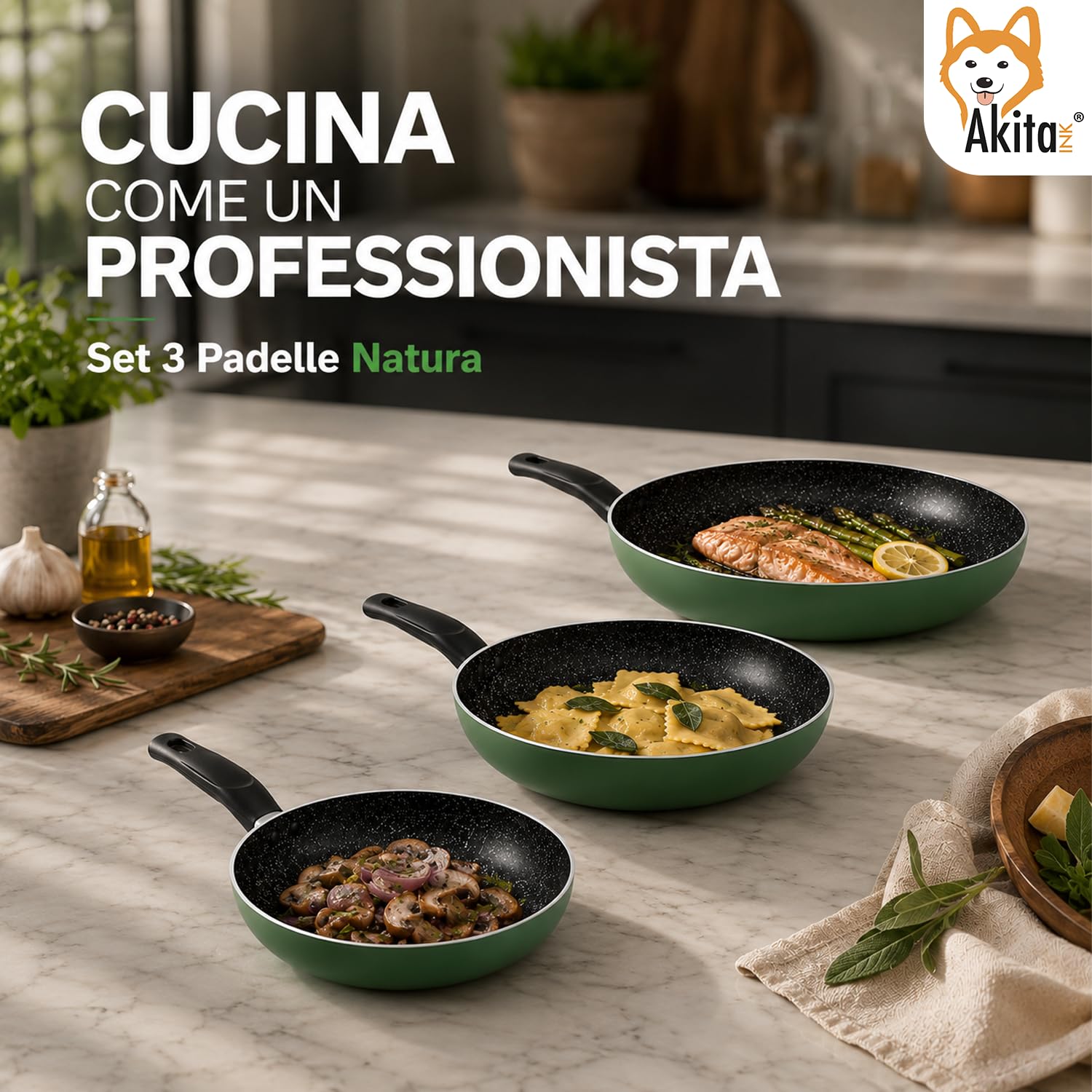 Akitaink Natura Set 3 Padelle Antiaderenti 20 24 28 cm Stone