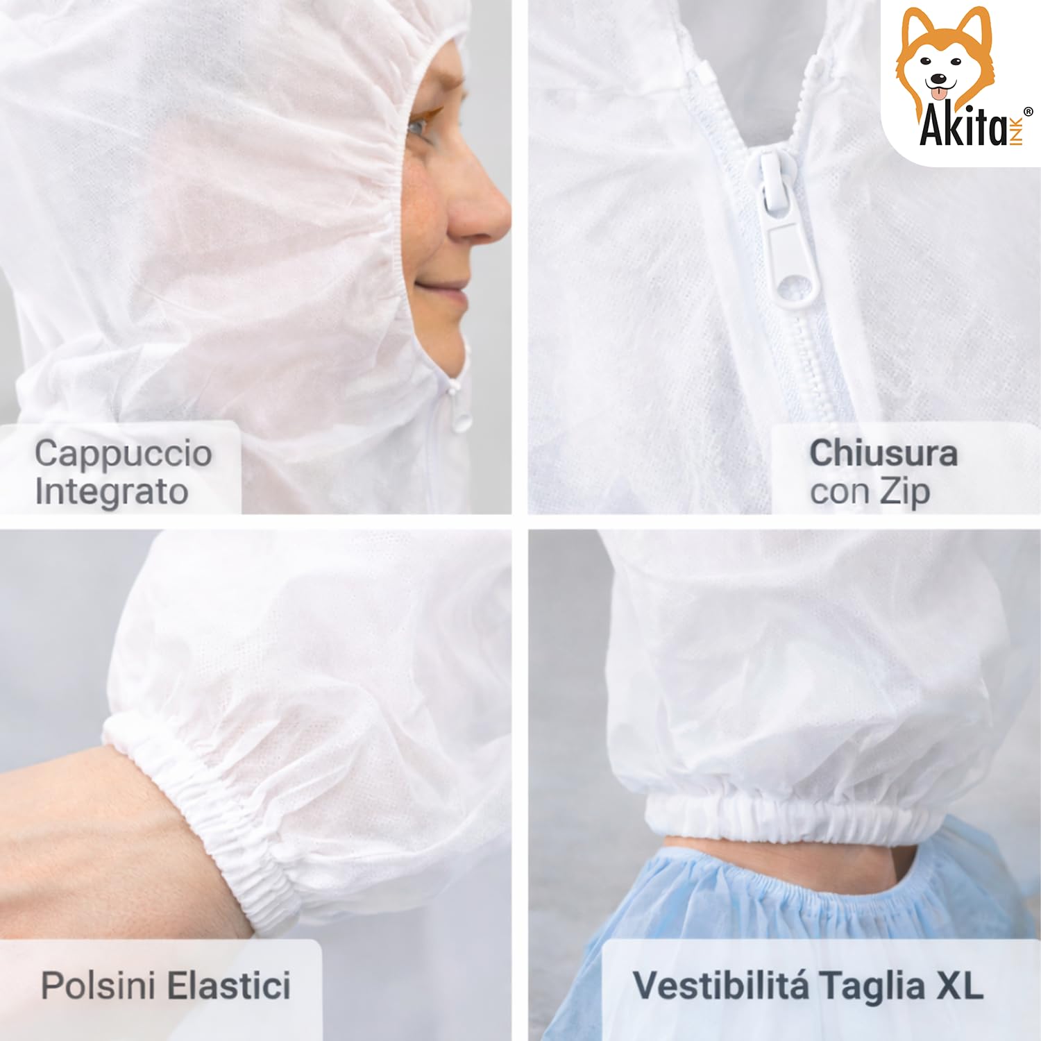 Akitaink Tuta monouso PP bianca 5 pz con cappuccio taglia L