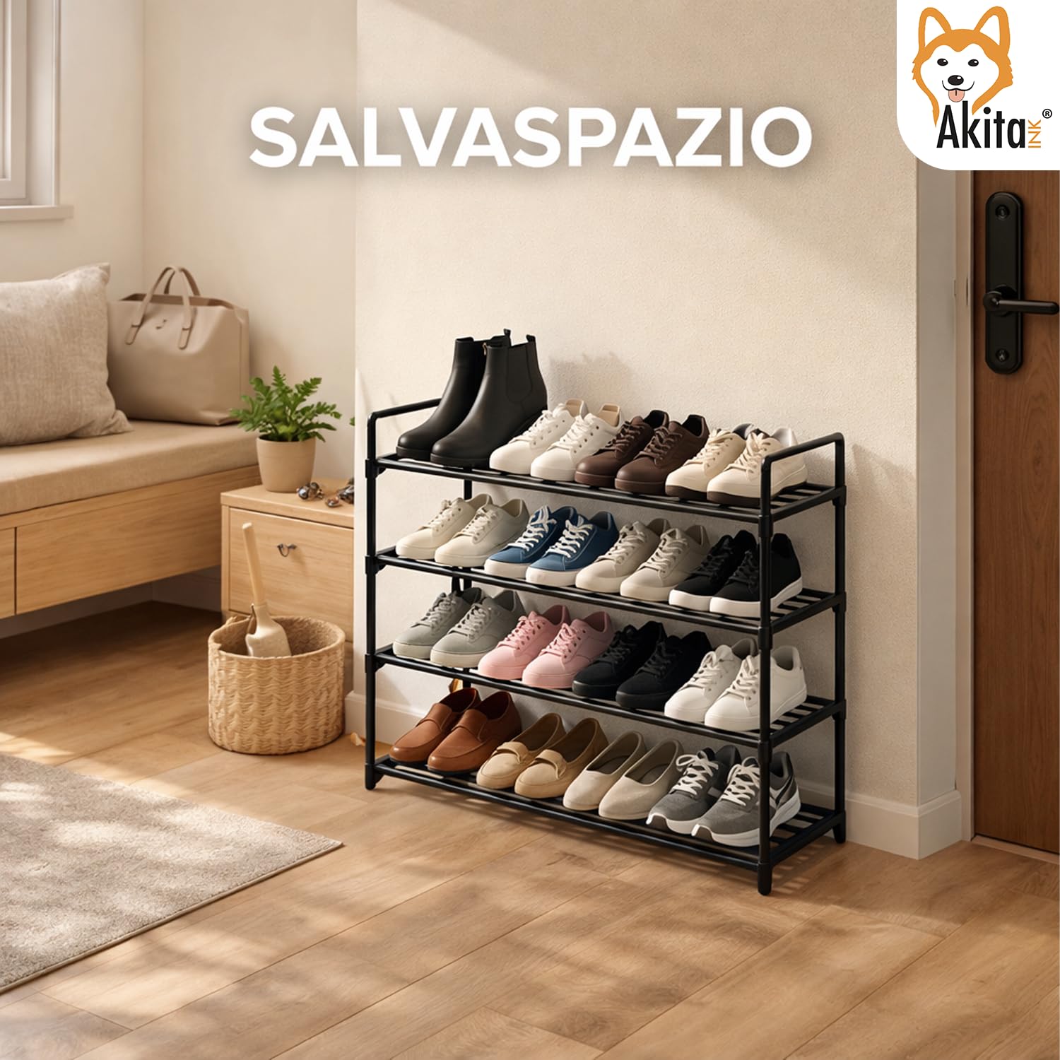 Akitaink Scarpiera 4 Ripiani Nero 20 Paia 65,5x29,5x72 cm